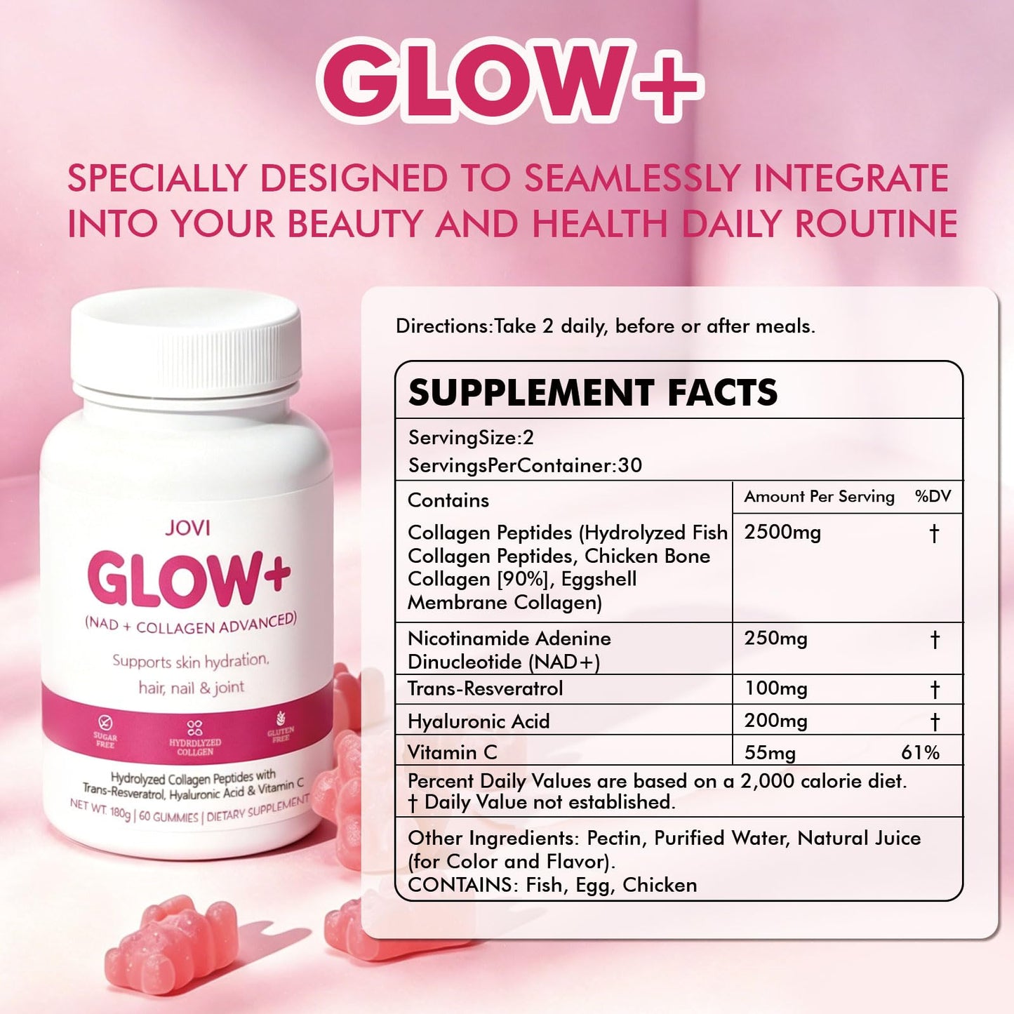KFASJON Jovi Glow+ NAD+ Hydrolyzed Collagen for Women, Skin Hair Nails Gummy 60 Count