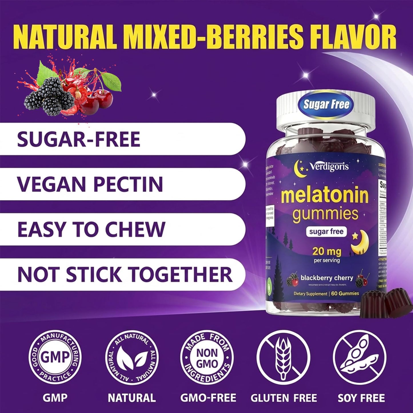 Verdigoris Sugar Free Melatonin Gummies 20mg for Adults - Sleep Support with GABA, L-Theanine, Chamomile & Passionflower - 0g Sugar, Vegan, Non-GMO, BlackBerry Cherry Flavor, 120 Count