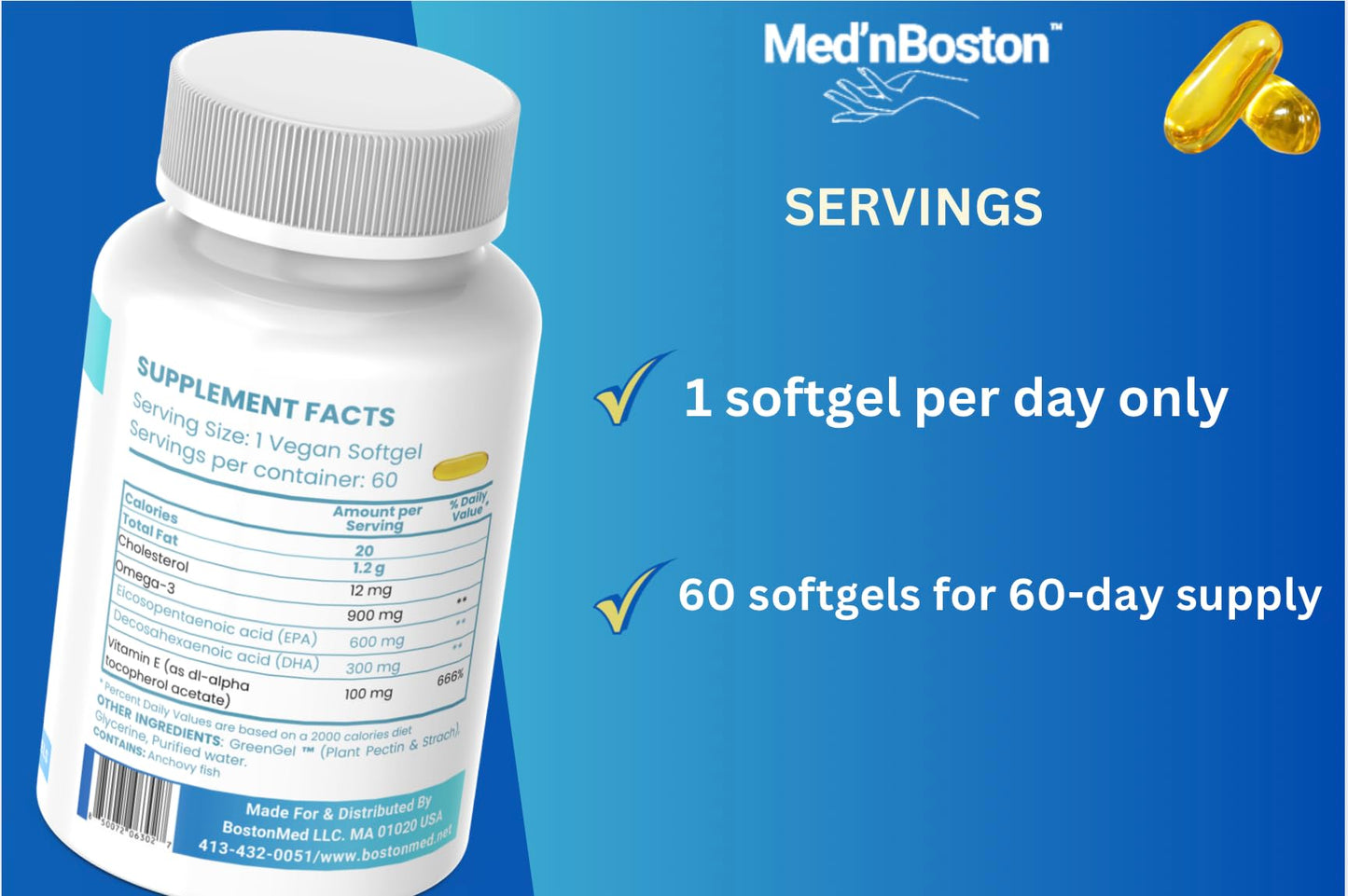 Med'nBoston Fish Oil 1200, 900mg Omega-3 with Vitamin E Softgels, 60 Count