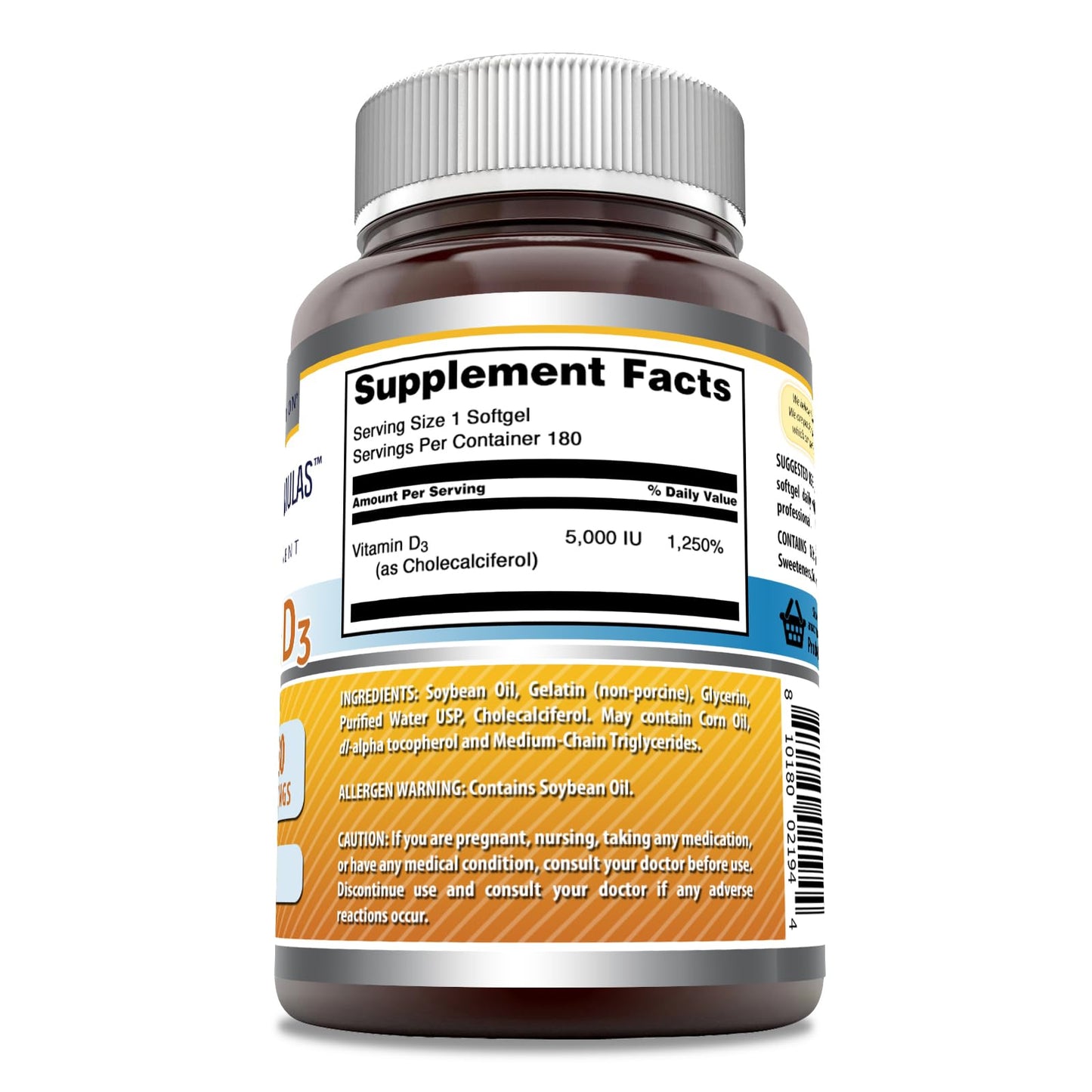 Amazing Nutrition Vitamin D3 (Cholecalciferol) Supplement Softgels 180 Count