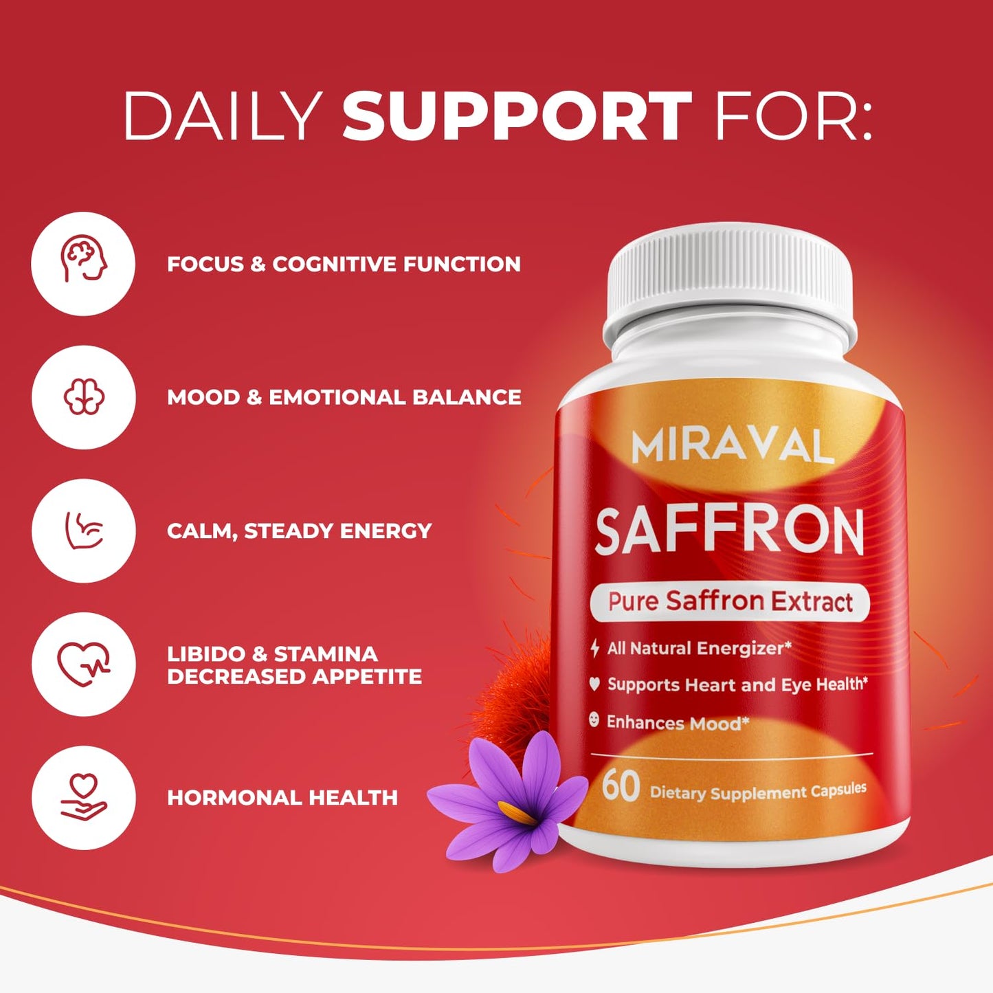 Miraval Saffron Supplement for Men & Women – Saffron Capsules with Organic Saffron Extract – Supports Mood, Focus & Clarity, 60 Capsules