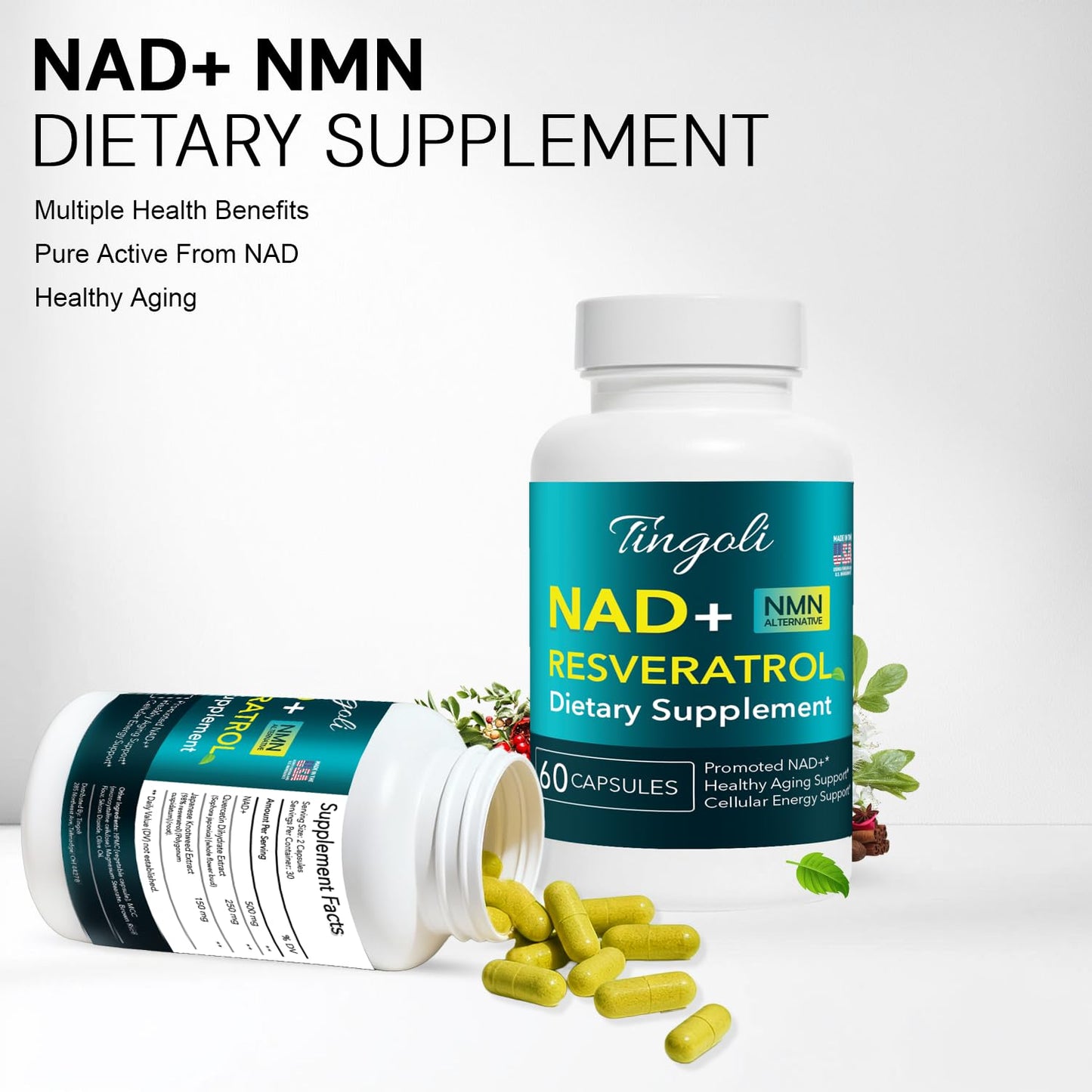 TINGOLI NAD+ Resveratrol Supplement with Quercetin – NMN Alternative for Cellular Energy Support, Focus & Healthy Aging – 500mg NAD+ Formula, 60 Capsules