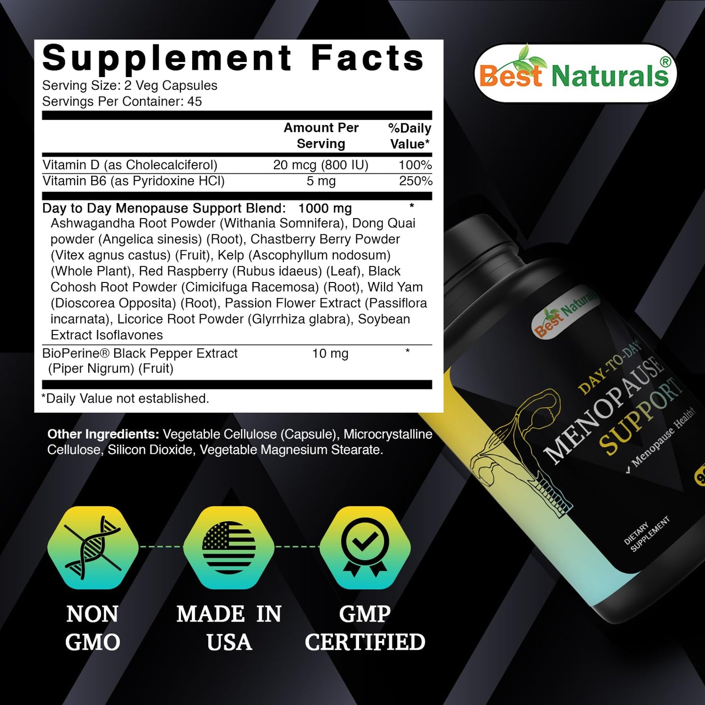 Best Naturals Day-to-Day Menopause Supplements for Women with Ashwagandha, Dong Quai, Chastberry, Kelp, Red Raspberry, Black Cohosh & BioPerine Capsules, 90 Count