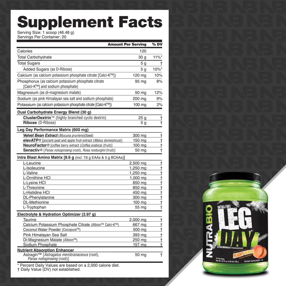 NutraBio Leg Day Intra Workout Powder Peach Mango 32 Servings
