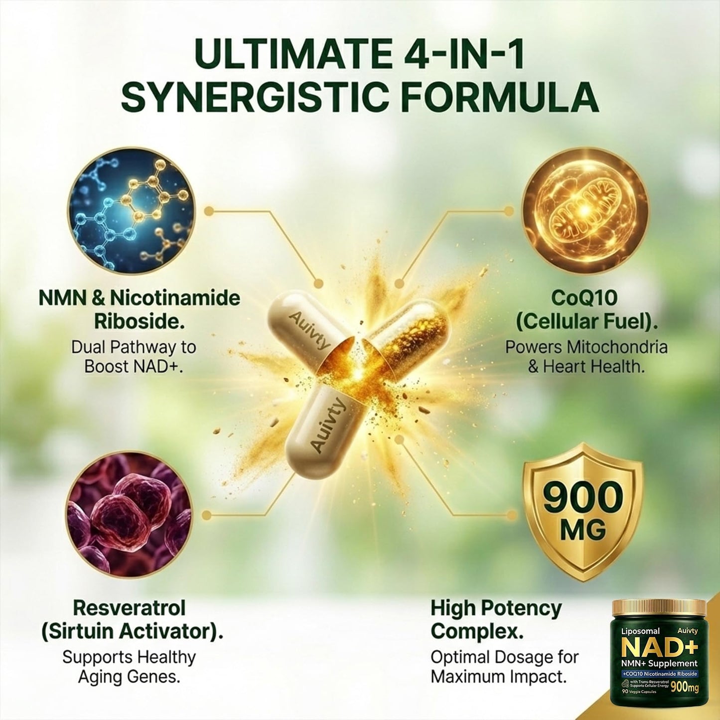 Auivty Liposomal NAD+ NMN Supplement with COQ10, Nicotinamide Riboside, Trans-Resveratrol, 900mg Capsule, 90 Count