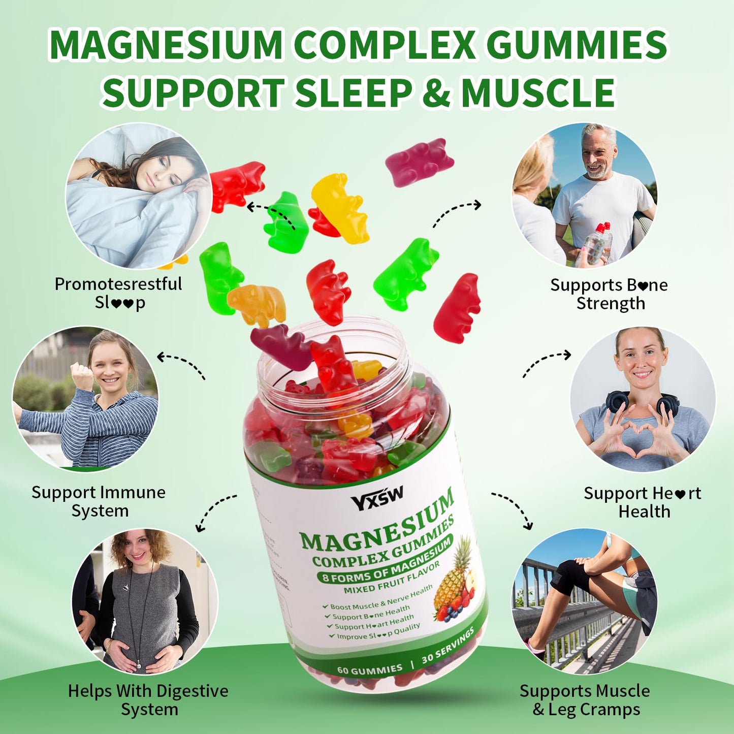 YXSW Magnesium Complex Gummies 8 Elemental 1000mg - Magnesium Glycinate, Citrate, Malate, Taurate, Supports Bones, Muscle, Nerve Health, Vegan Non-GMO, Mixed Flavors, 120 Gummies
