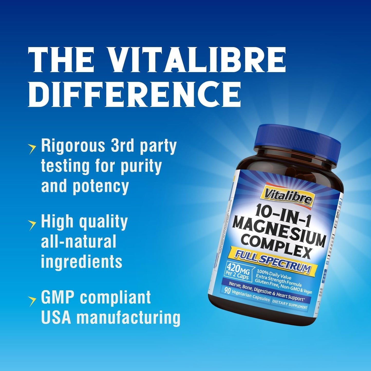 Vitalibre 10 in 1 Magnesium Complex, 420mg Elemental Magnesium, 90 Vegan Capsules