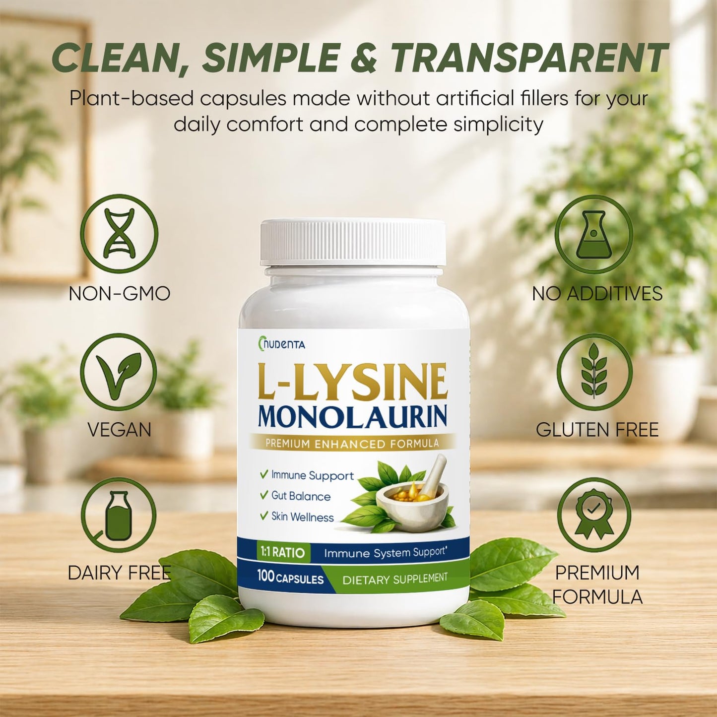 NUDENTA Monolaurin and Lysine Supplement, L-Lysine & Monolaurin 600mg 1:1 Ratio Capsules, 100 Count