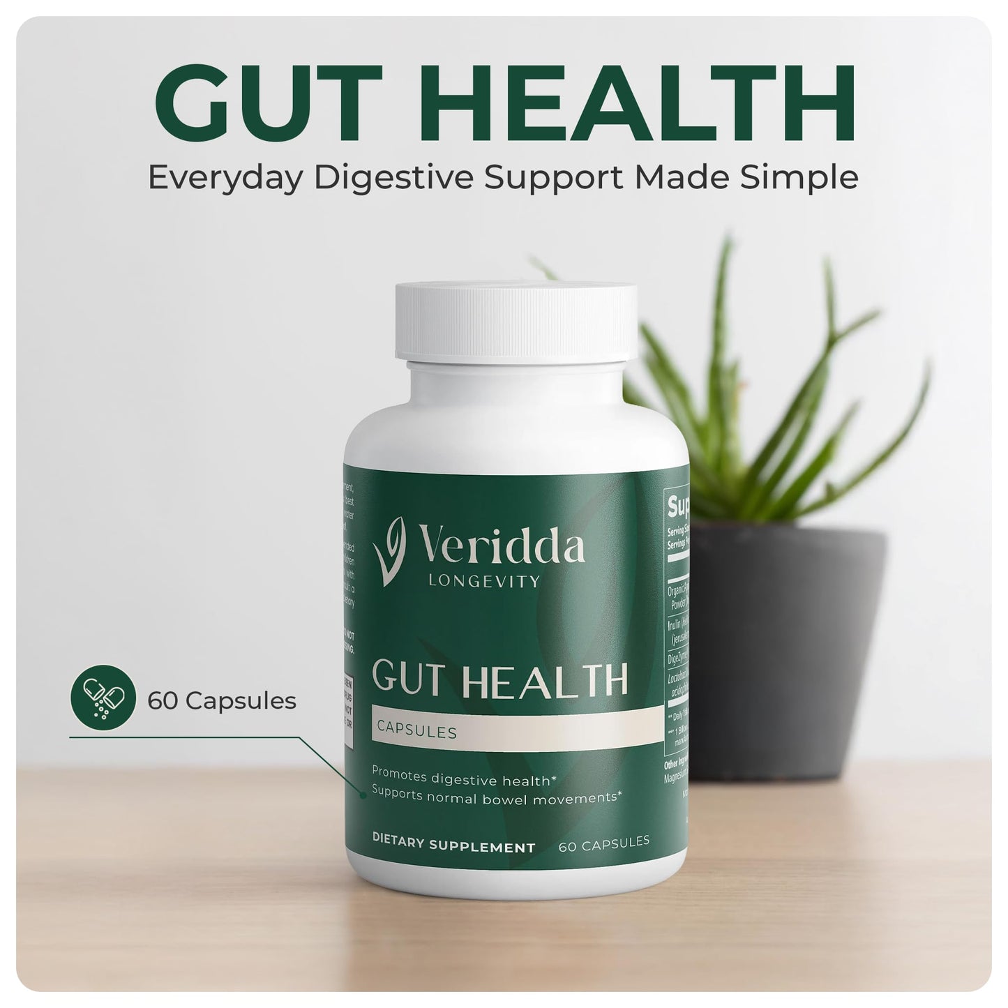Veridda Longevity Gut Health Supplement with Apple Cider Vinegar, Probiotics, Digestive Enzymes Capsules 60