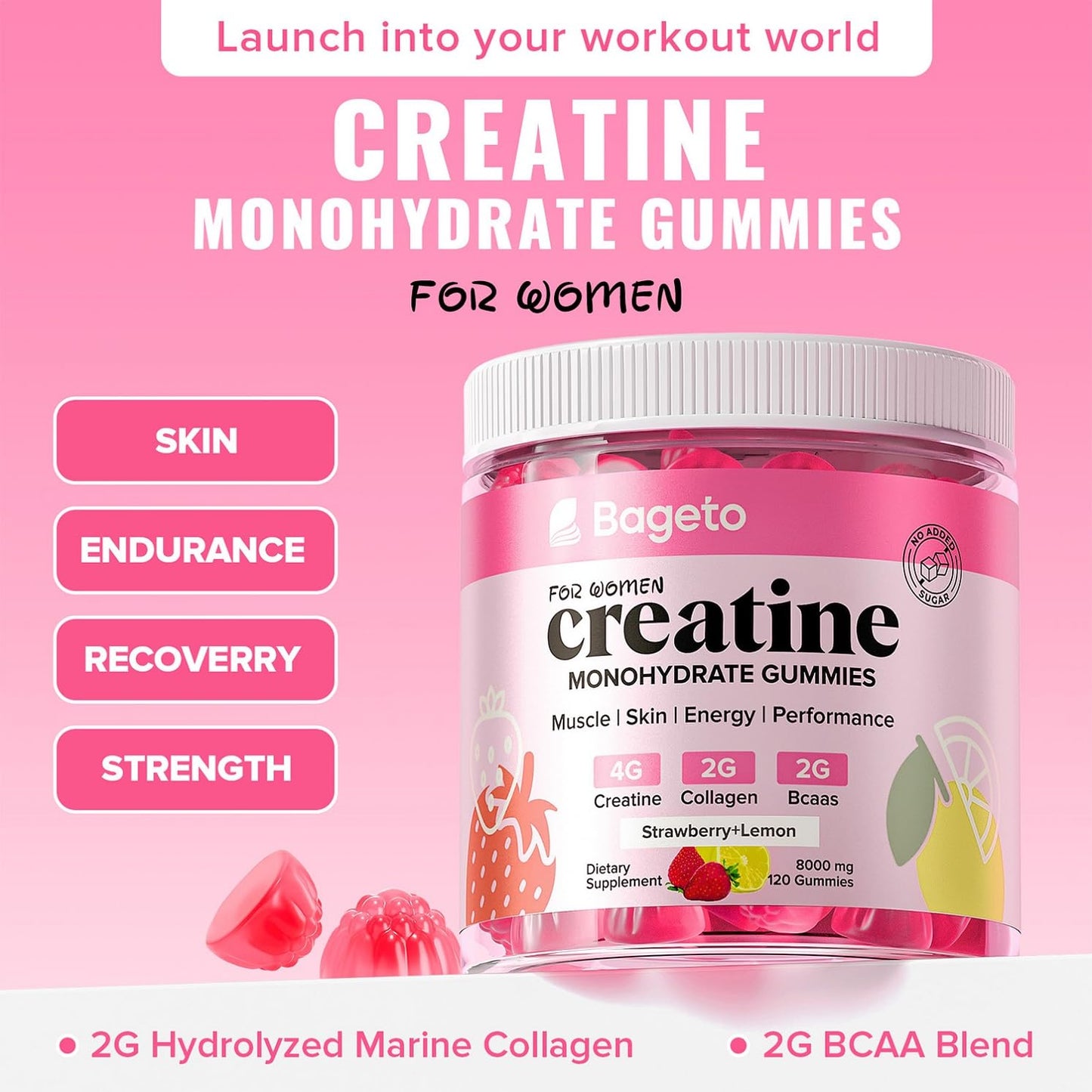 Bageto Creatine Monohydrate Gummies for Women 120 Count