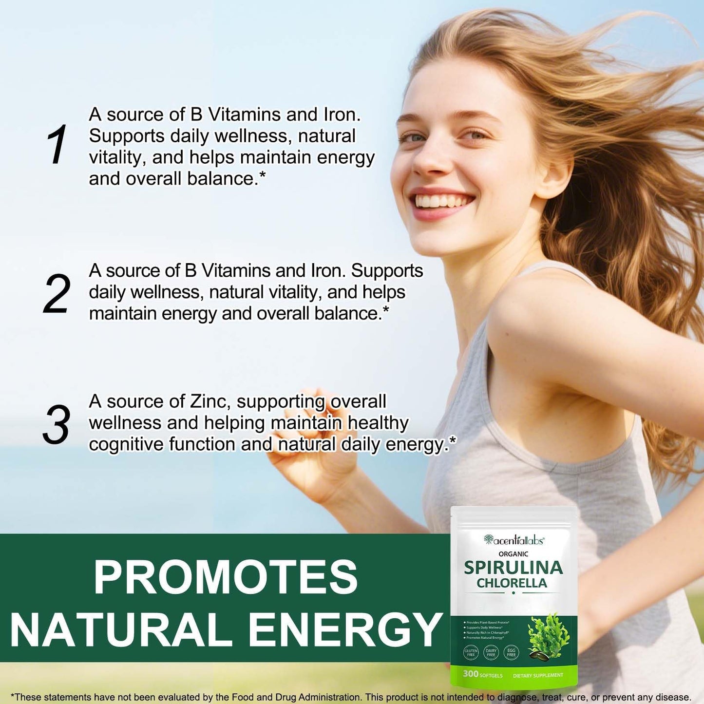 ZUZOKKAHA Spirulina & Chlorella Supergreens Capsule, 300 Count