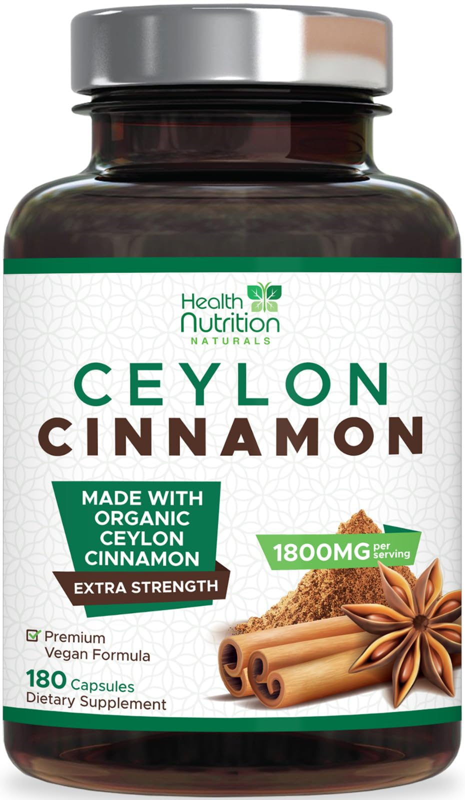 Health Nutrition Naturals Ceylon Cinnamon Capsules 180 Count