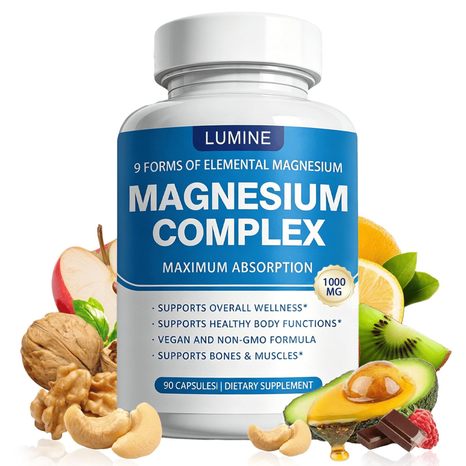 Berbino Lumine Magnesium Complex Supplement 1000 mg, 8-Form Magnesium Blend with Glycinate, Citrate, Malate, Taurate, Chelated for Easy Absorption, 90 Capsules