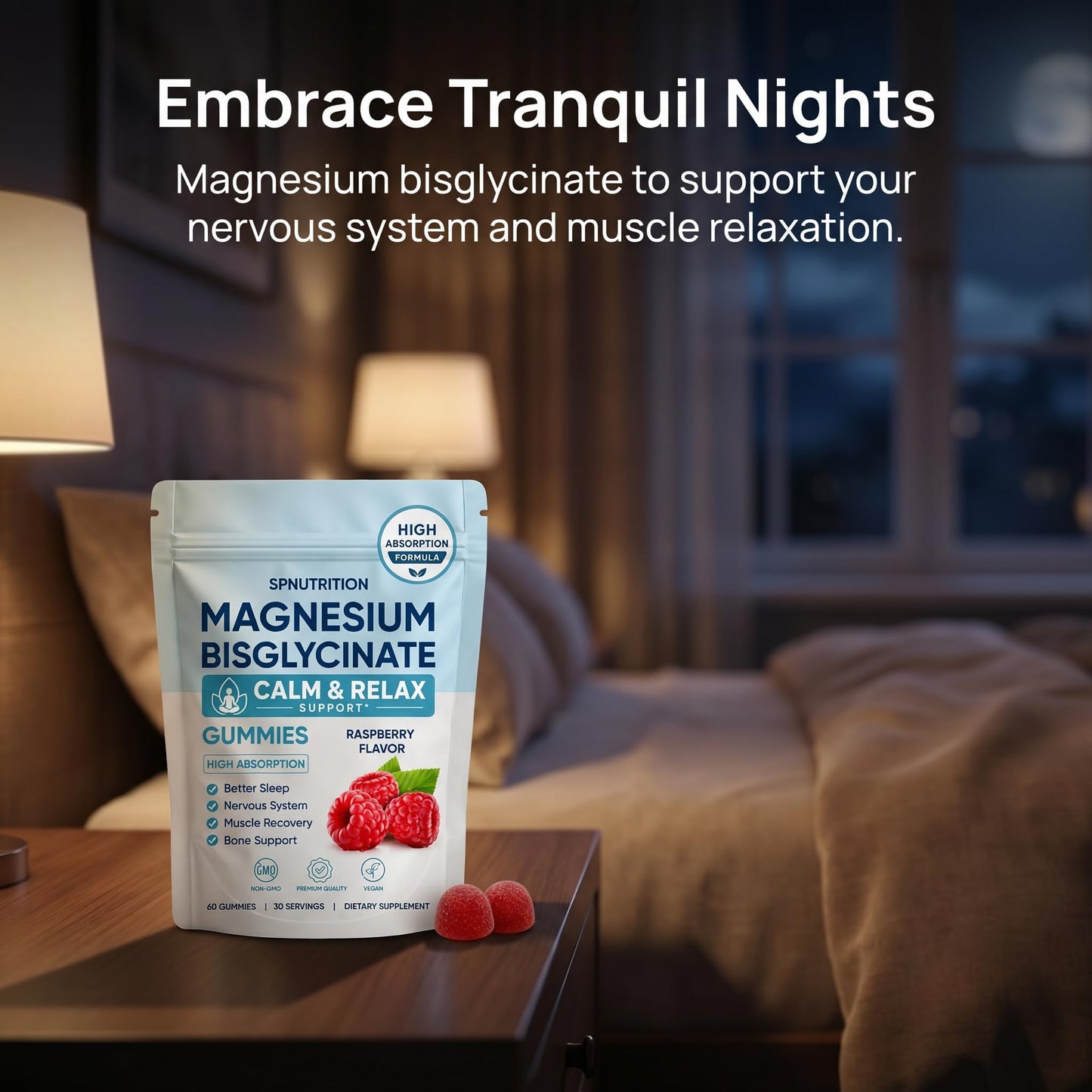 SPNUTRITION Magnesium Bisglycinate Gummies, 400mg Magnesium Bisglycinate Chelate with Sea Salt & Raspberry Powder, Vegan, 60 Gummies