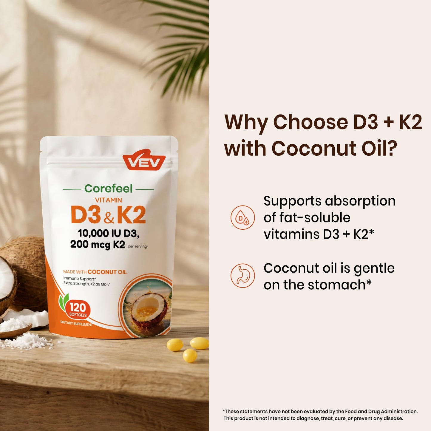 VEV Corefeel Vitamin D3 K2 10,000 IU, 200 mcg K2 Coconut Oil Softgels, 120 Count