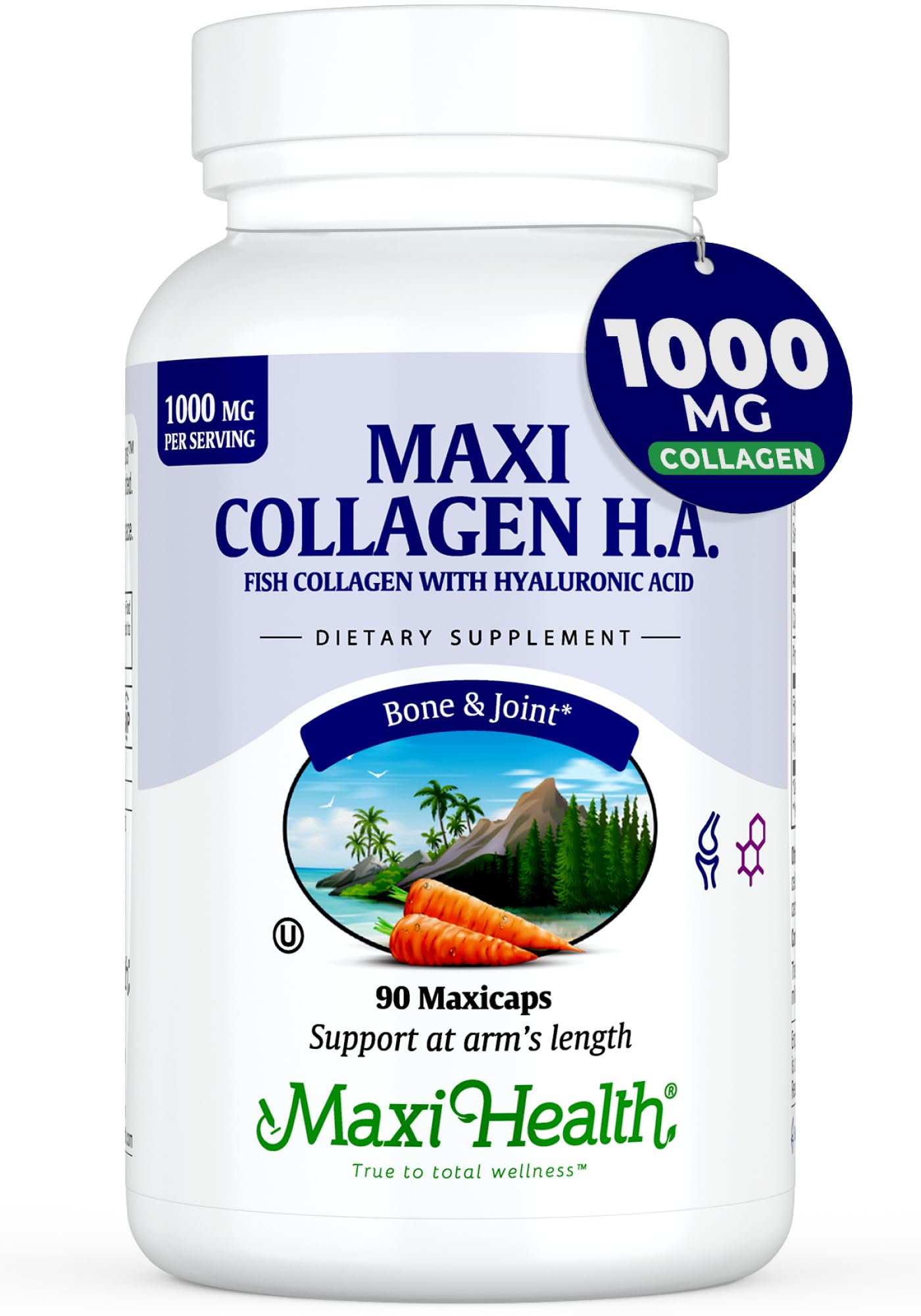 Maxi Health Marine Collagen Capsules 1000 mg Type I Collagen with Hyaluronic Acid for Joint & Skin Support, Unflavored, Clean Kosher, 90 Count