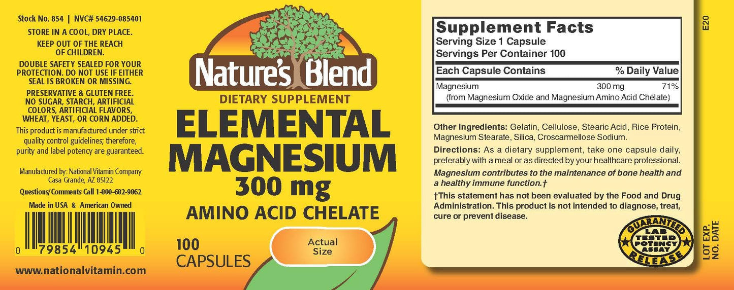 Nature's Blend Elemental Magnesium Amino Acid Chelate 300 mg Capsules, 100 Count