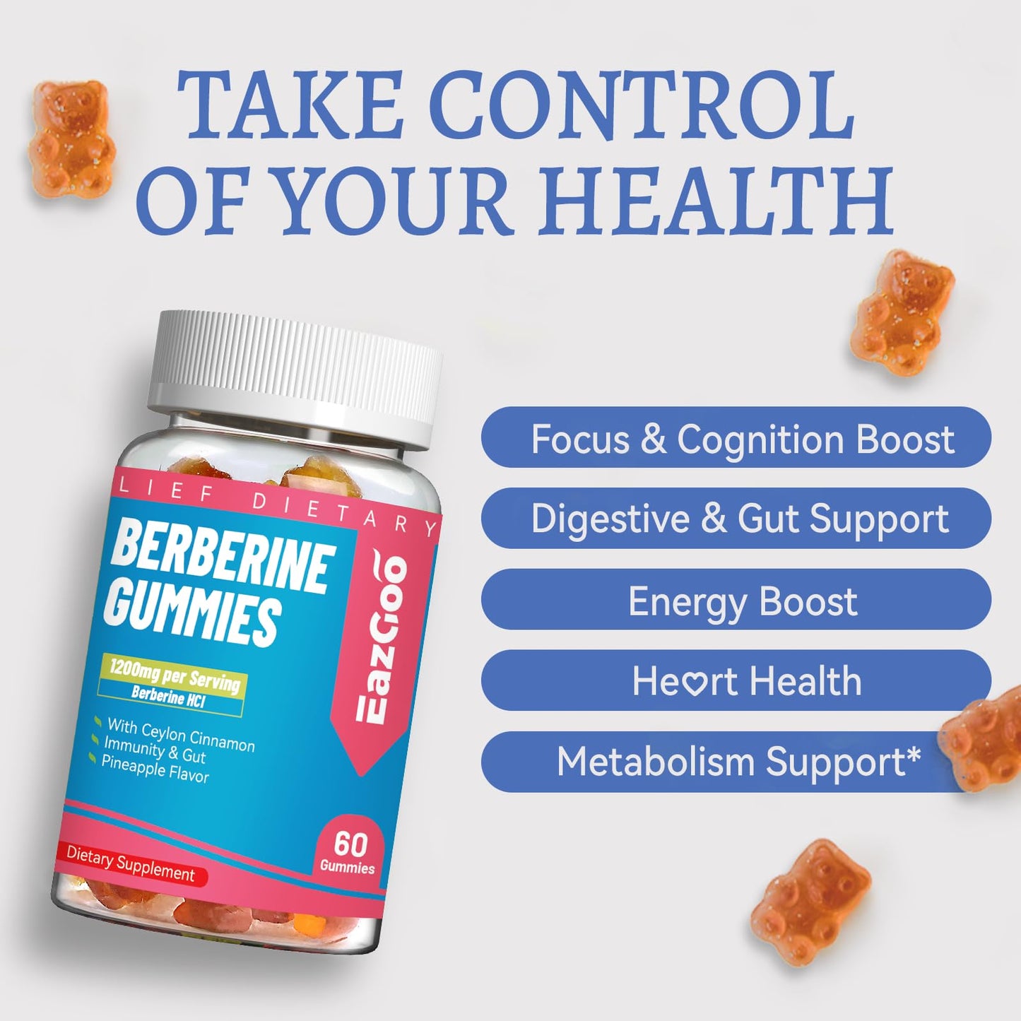 EAZGOO Berberine Gummies 1200mg with Ceylon Cinnamon, 120 Gummies