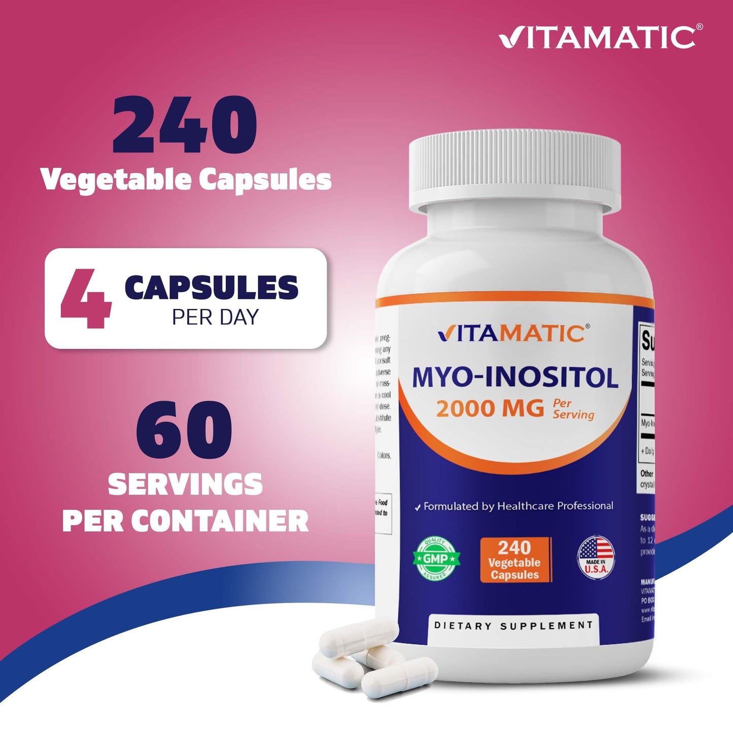 Vitamatic Myo-Inositol 2000 mg Per Serving, 240 Vegetable Capsules, Non-GMO, Gluten Free