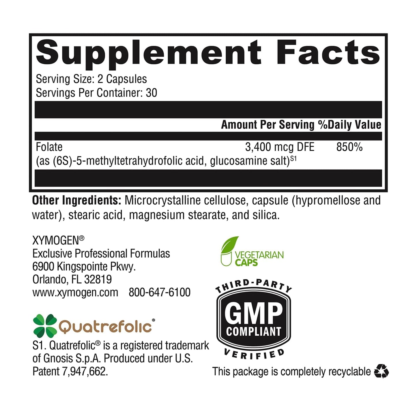 XYMOGEN 5-MTHF 3,400 mcg DFE Bioactive Folate Supplement with Quatrefolic, Methylation, Healthy Mindset & Cardiovascular Support, 60 Capsules