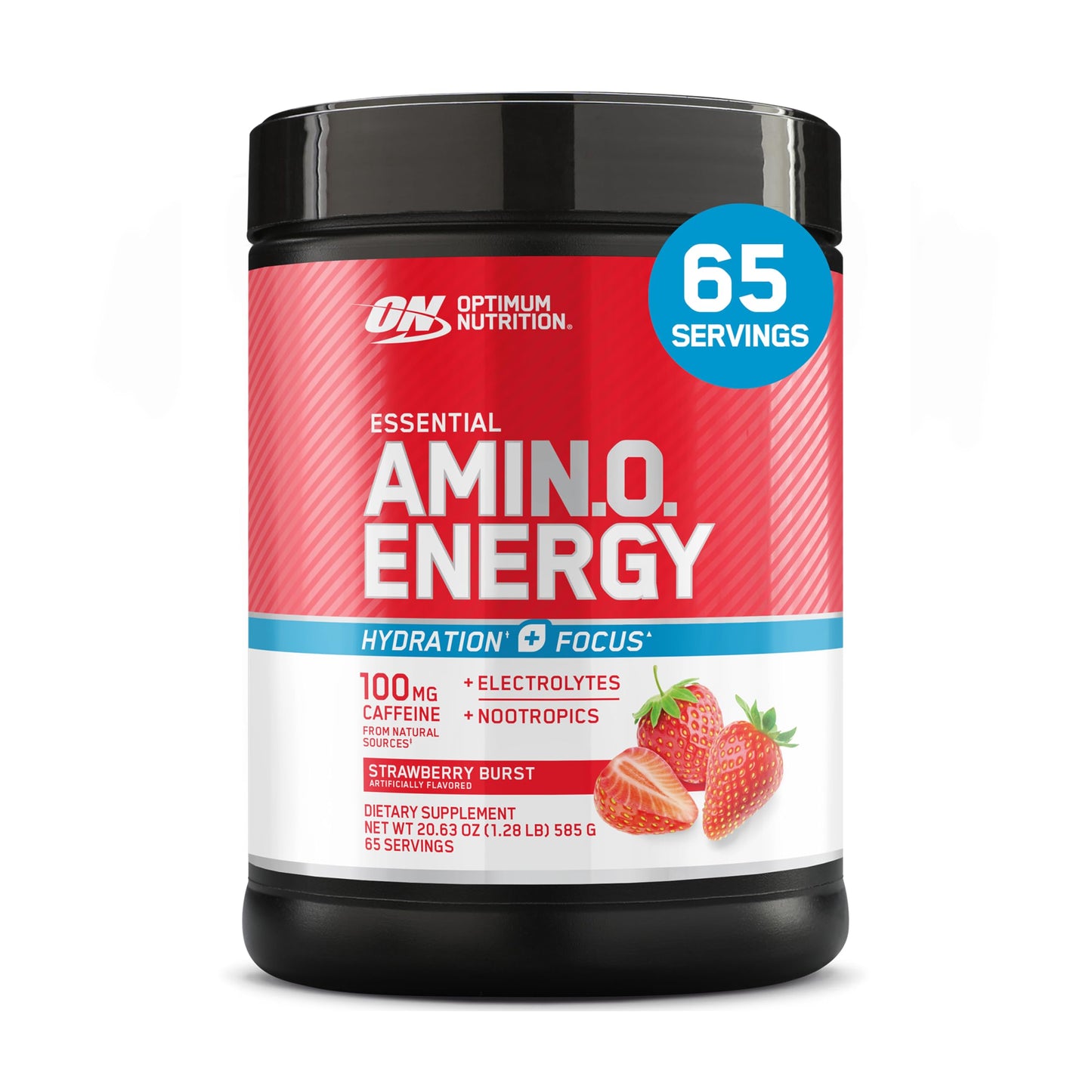 Optimum Nutrition Amino Energy Powder Plus Focus, with BCAA, Electrolytes, and Caffeine, Strawberry Burst, 65 Servings