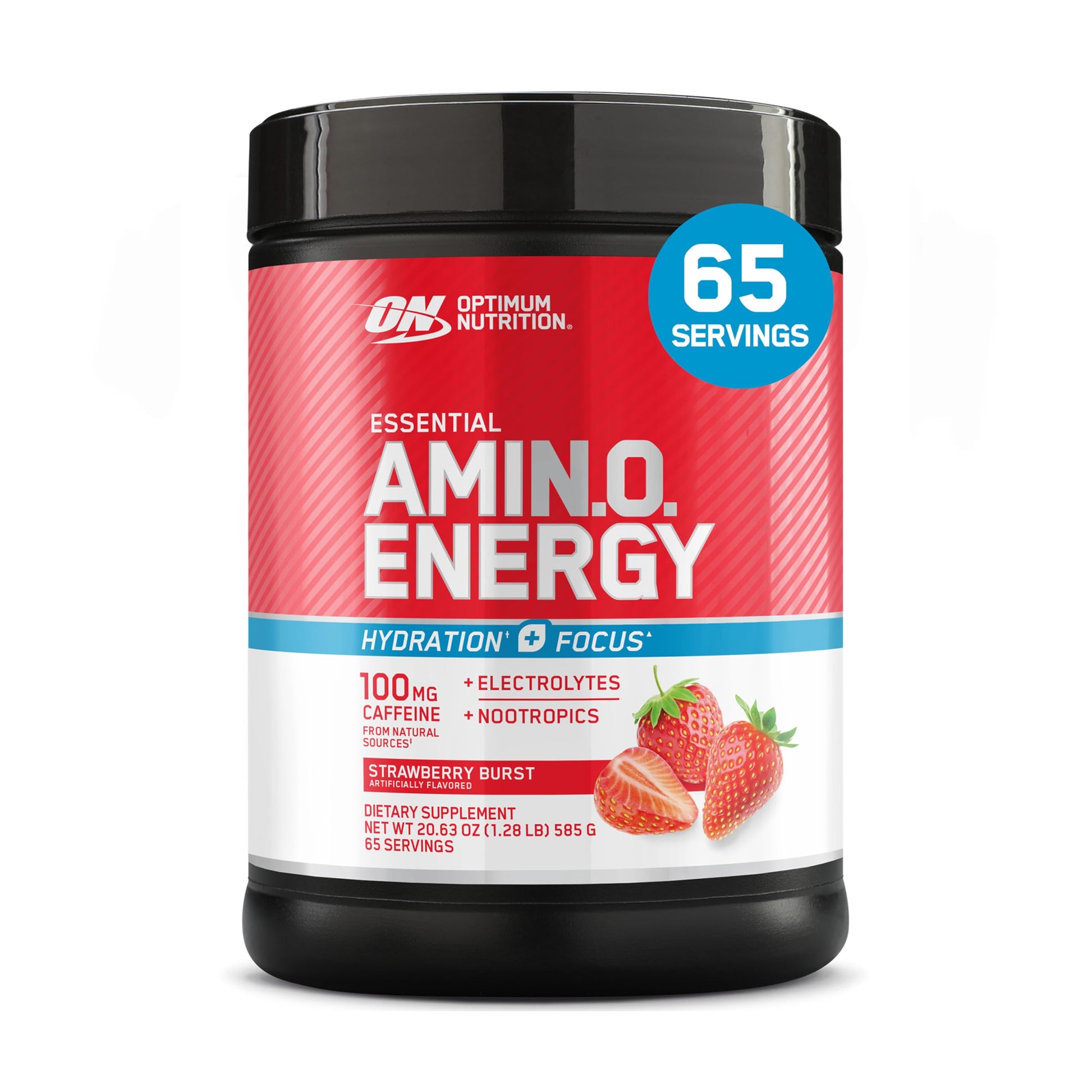 Optimum Nutrition Amino Energy Powder Plus Focus, with BCAA, Electrolytes, and Caffeine, Strawberry Burst, 65 Servings