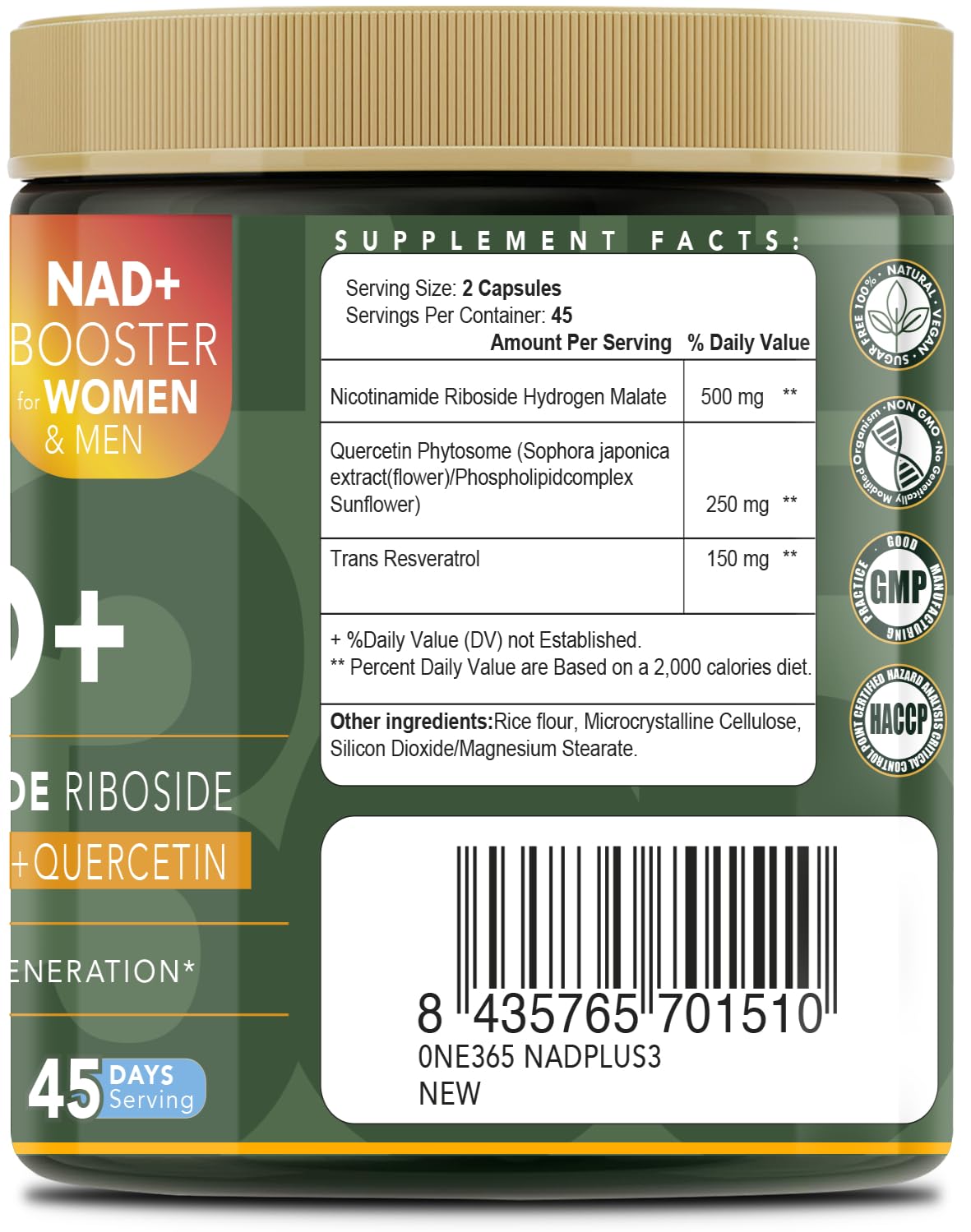 ONE 365 NAD+ Supplement Liposomal Nicotinamide Riboside Resveratrol Quercetin Anti-Aging Antioxidant NAD+ Booster Capsules 90 Count