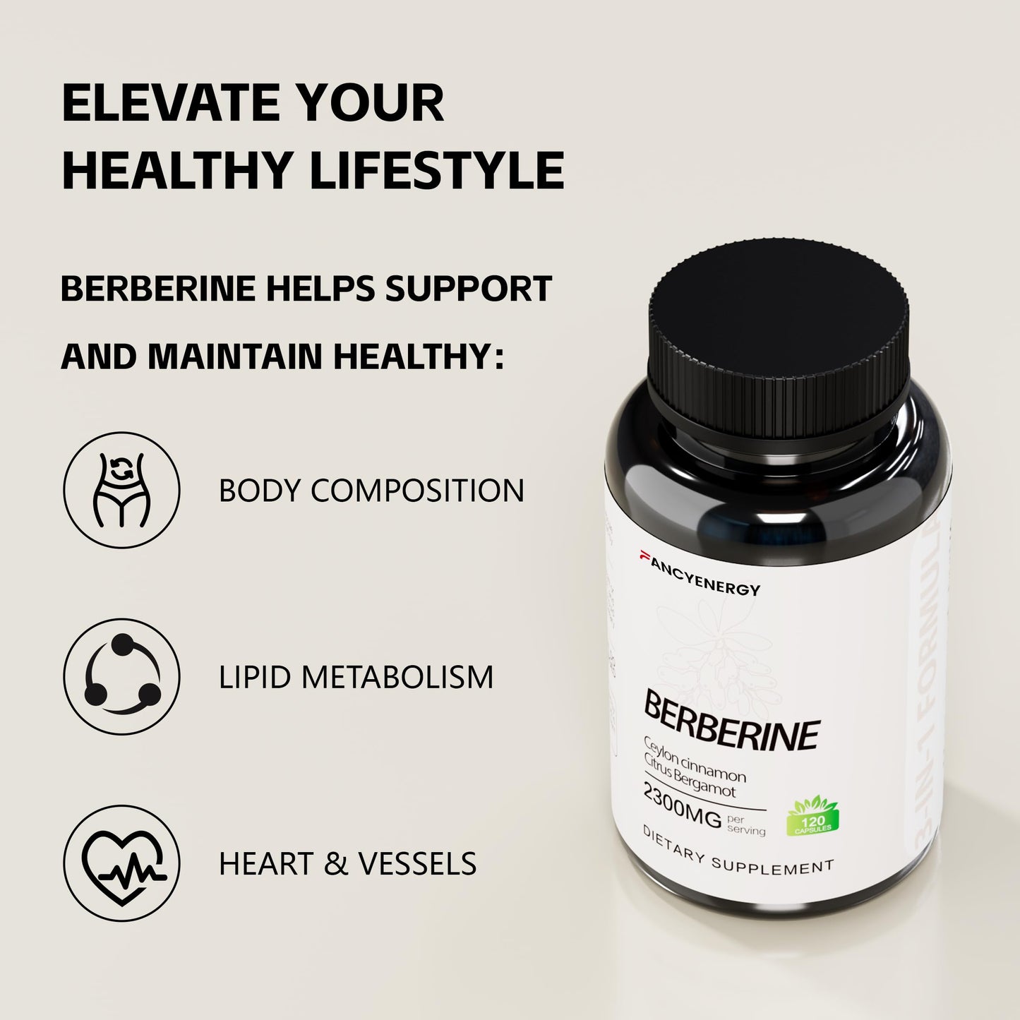 FANCYENERGY Berberine HCl Supplement with Ceylon Cinnamon & Citrus Bergamot 120 Capsules