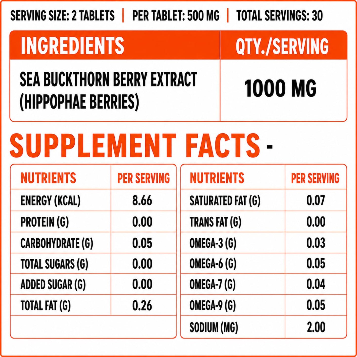 Daily All Day Sea Buckthorn Omega-7 1000mg Vegan Plant-Based Omega 3-6-7-9 & Antioxidants for Skin, Hair & Nails, Berry Extract Superfruit, Non-GMO, 60 Tablets