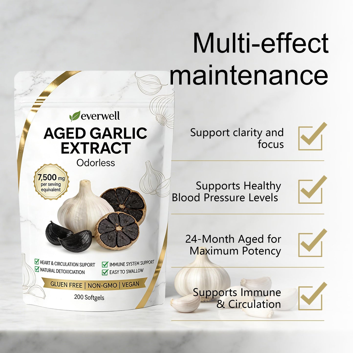 motilli Everwell Aged Garlic Extract Odorless Garlic Supplement Softgels 200 Count