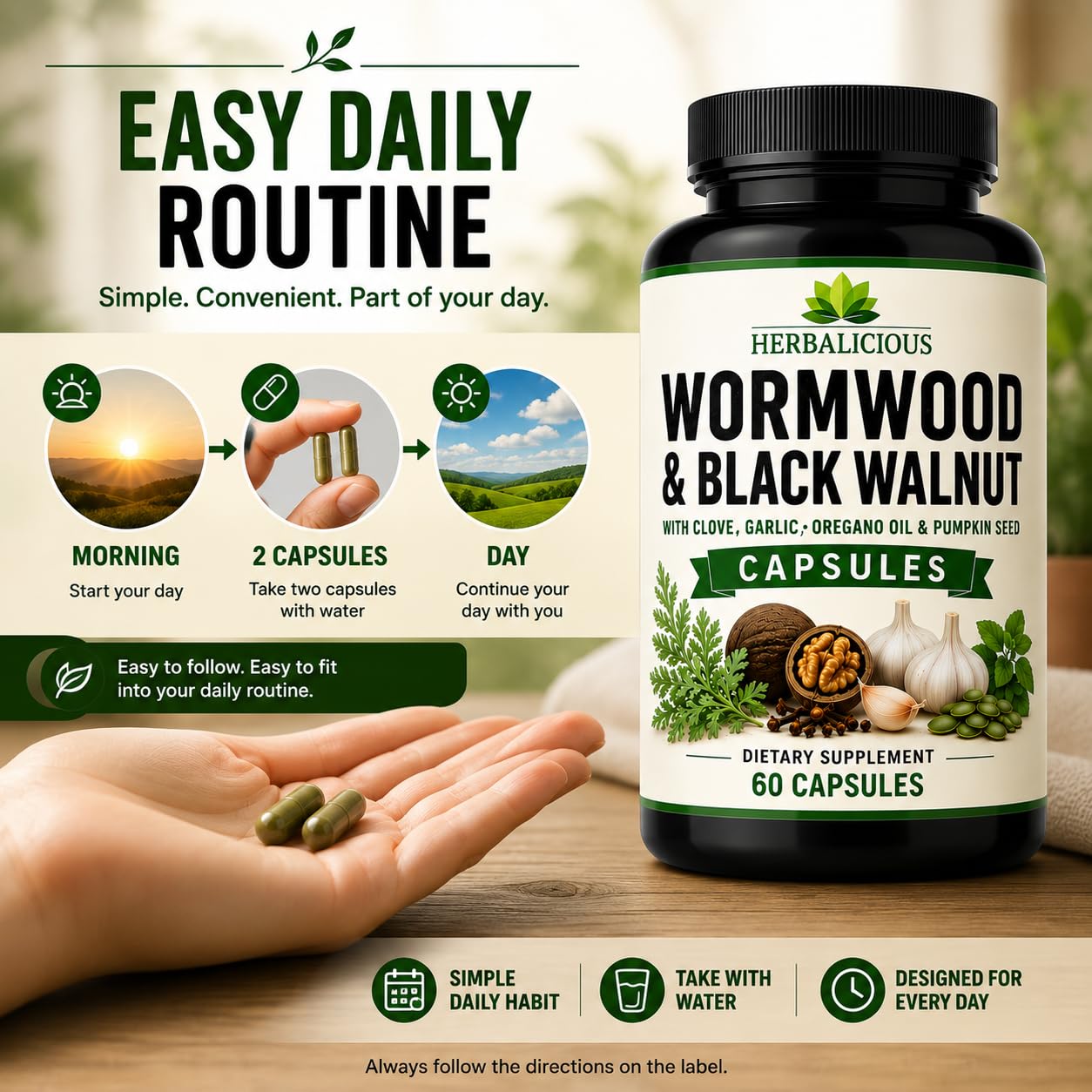 HERBALICIOUS Wormwood Black Walnut Clove Parasite Cleanse 60 Capsules