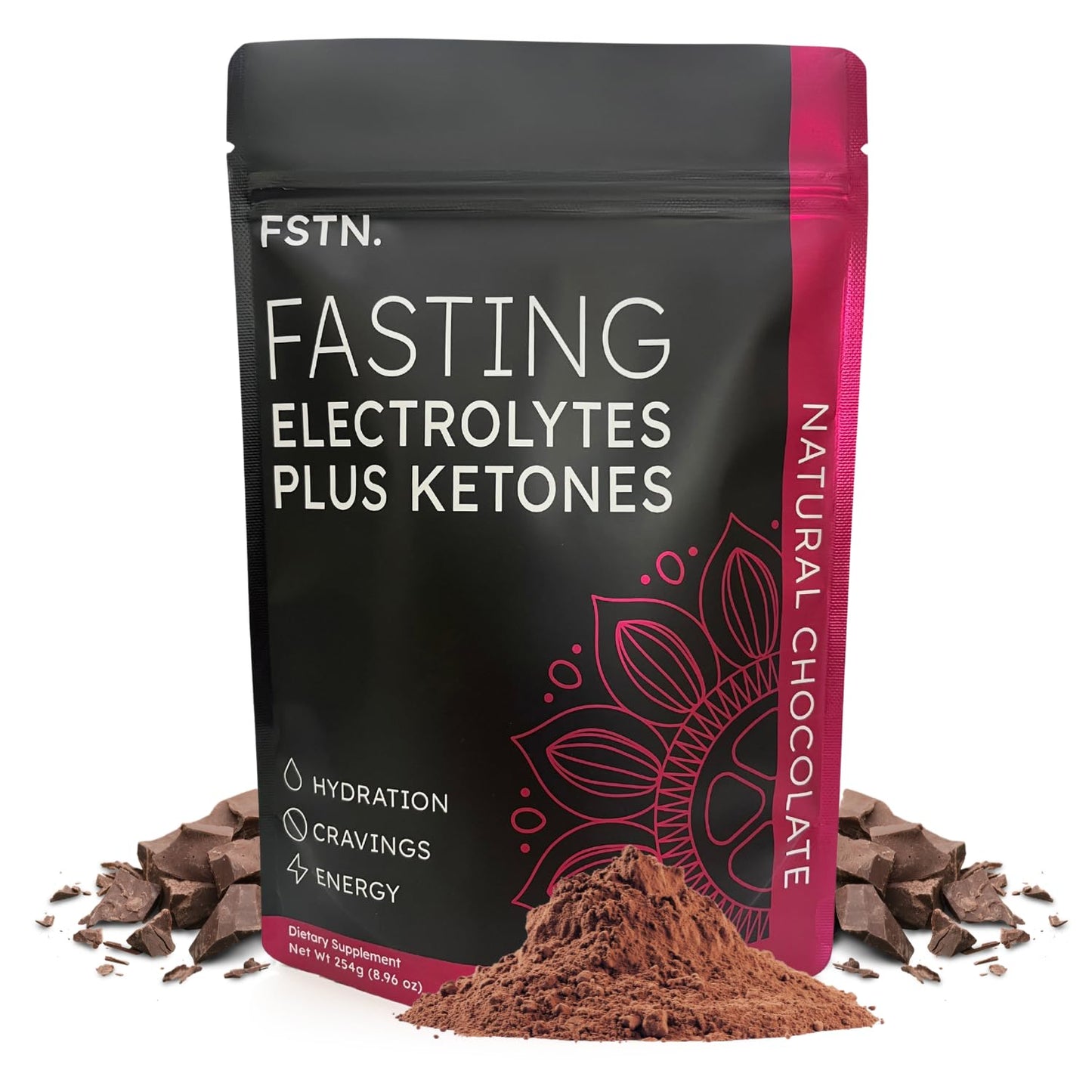 FSTN Chocolate Electrolytes Fasting Supplement – Crave Killer, Hydration & Energy – Zero-Sugar, Plus Ketones & Organic Cocoa, Powder, 8.95 Ounce