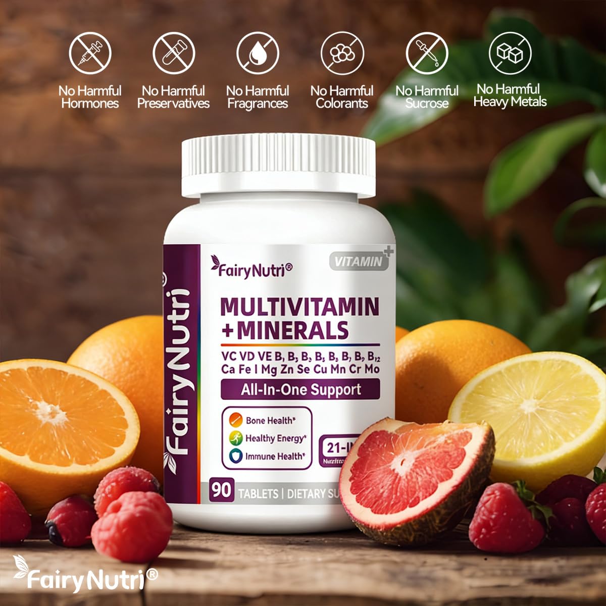 Fairynutri Multivitamin + Minerals, 21-in-1 Nutritional Complex All-in-One Support, 90 Tablets