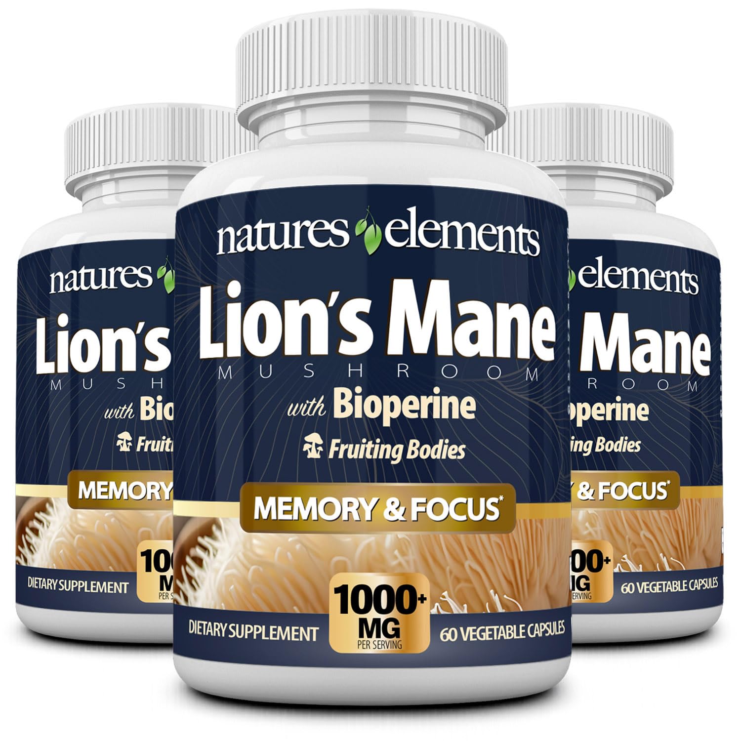 Natures Elements Lion’s Mane Mushroom with BioPerine 10:1 Extract, 1000mg Lion’s Mane + 10mg BioPerine, 30% Polysaccharides, 180 Capsules