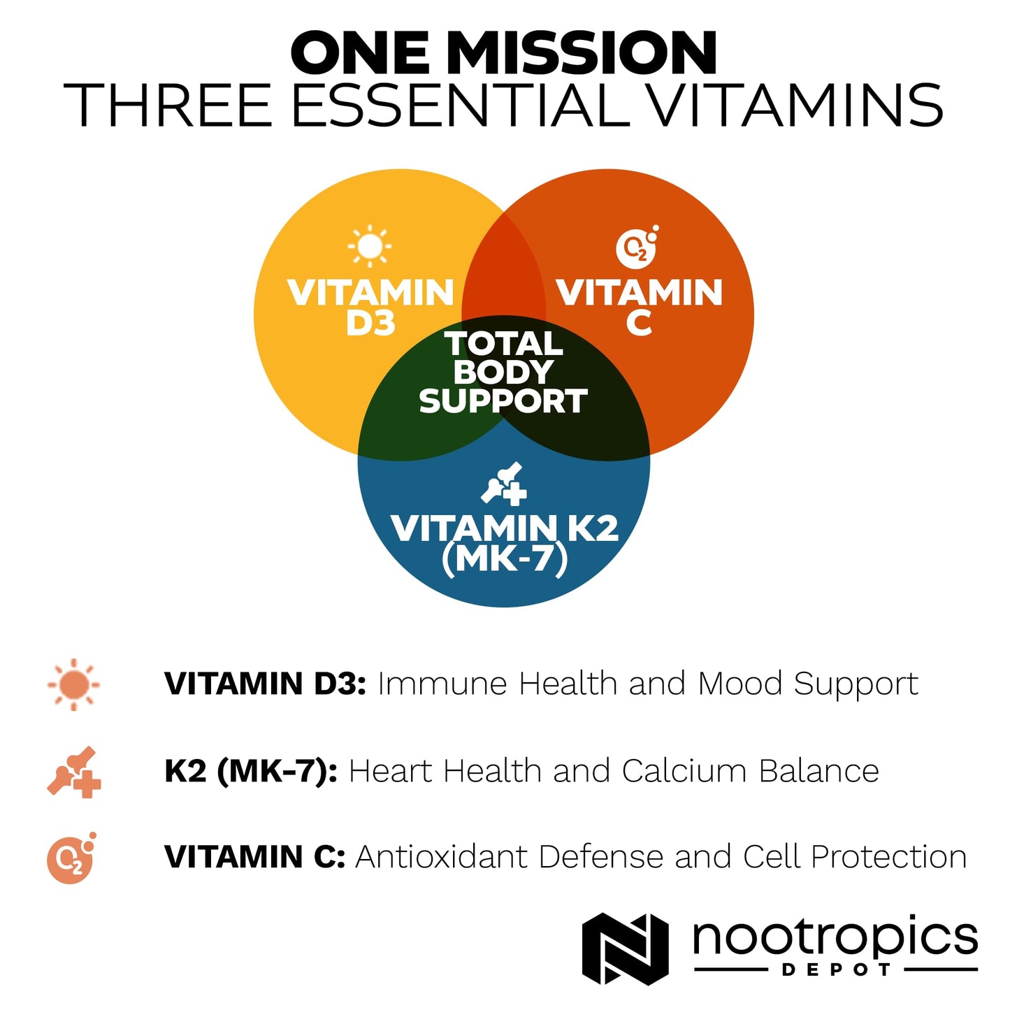 Nootropics Depot Vitamin D3 + K2 with Vitamin C Tablets 365 Tablets