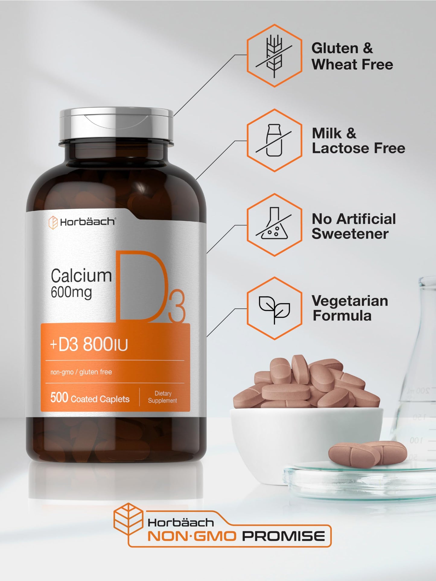 Horbäach Calcium 600 mg with Vitamin D3 Caplets, 500 Count