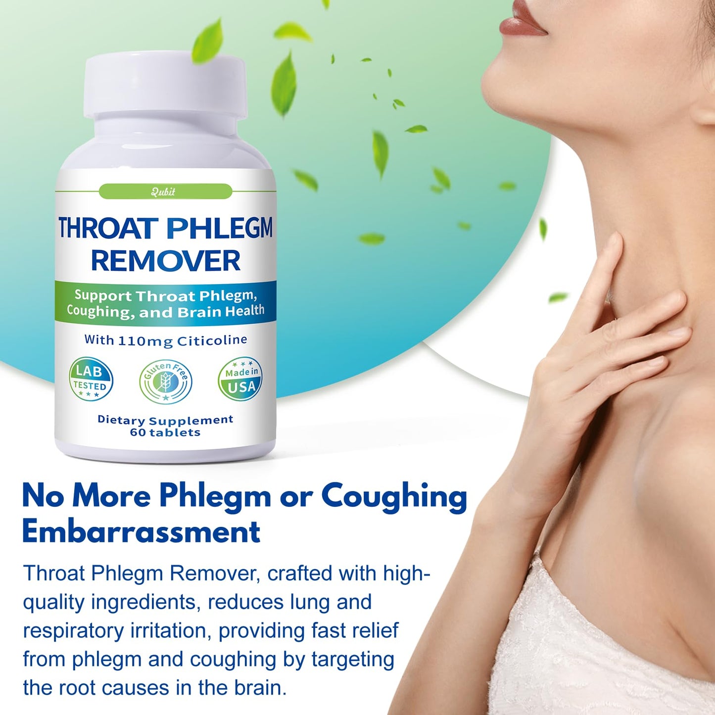 QUBIT Throat Phlegm Support Citicoline Supplement Capsules, 60 Capsules
