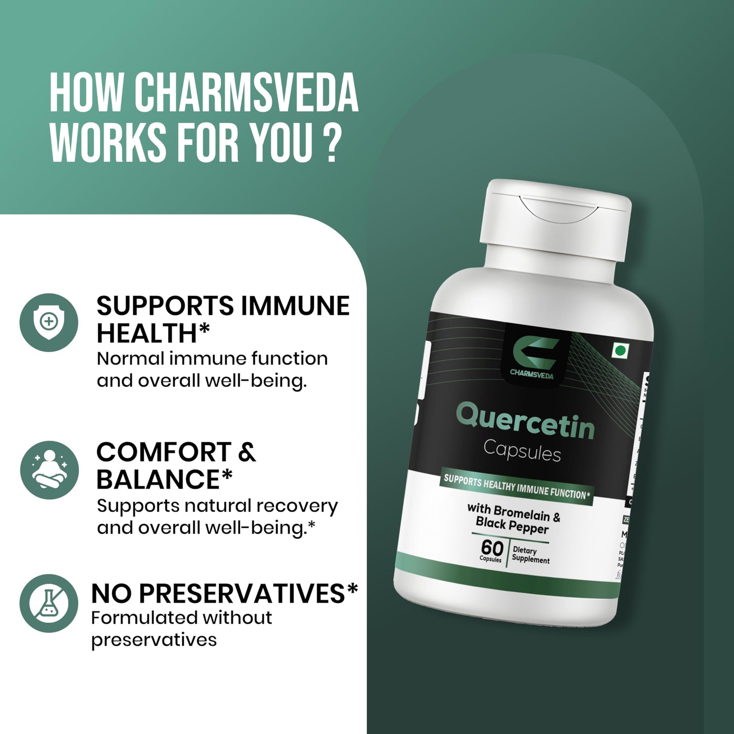 CHARMSVEDA Quercetin Capsules with Bromelain, Ashwagandha & Zinc – Herbal & Immune Support, Overall Wellness & Immune Support* – 60 Vegan Capsules