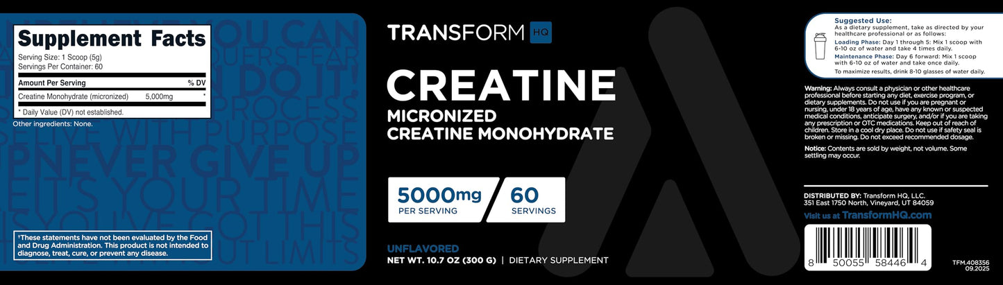 TransformHQ Creatine Monohydrate Powder (Unflavored) 10.7 Ounce