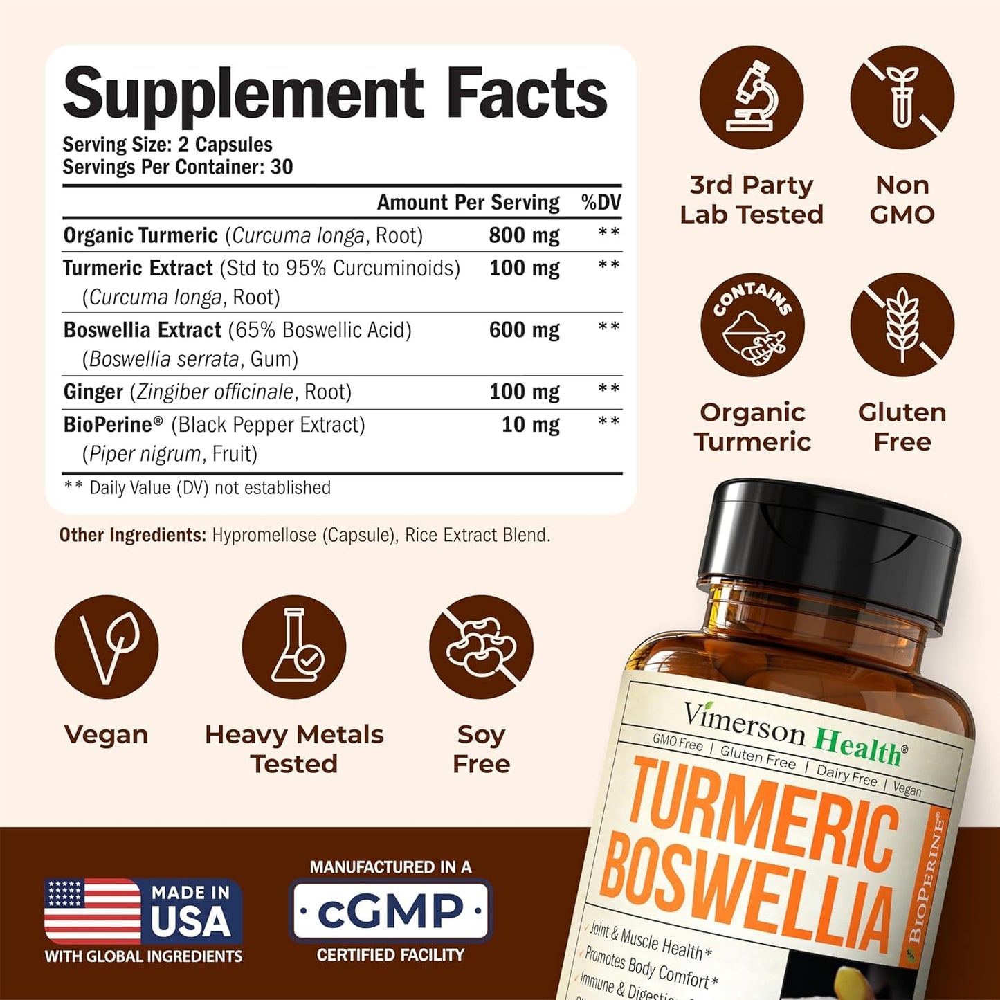 Vimerson Health Boswellia Turmeric Curcumin Supplement with Hemp Seeds & Lemon Balm Extract – Joint Health & Mobility – Black Pepper for Absorption – Natural Joint Supplement Capsule 120 Count