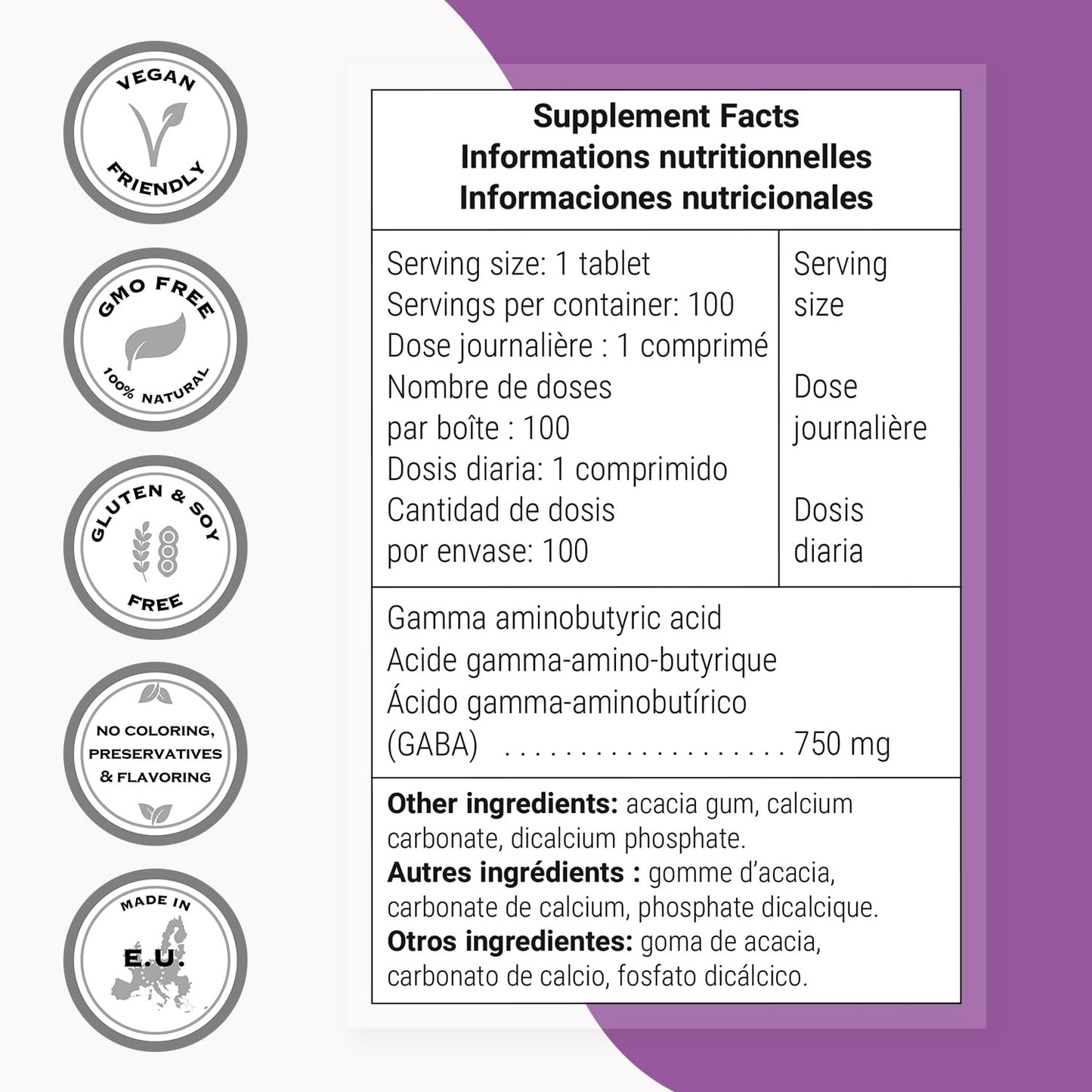 Supersmart GABA 750mg per Day (High Strength) Gamma-Amino Butyric Acid GABA Supplement Tablet, 100 Tablets