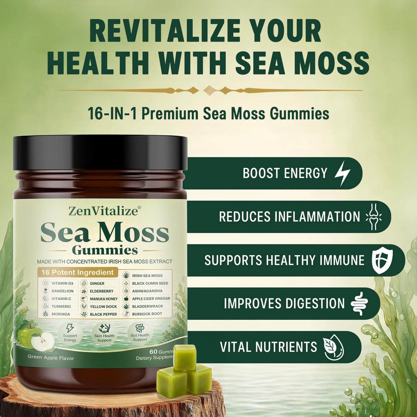 ZenVitalize Sea Moss Gummies 16-in-1 Gummy, 60 Count
