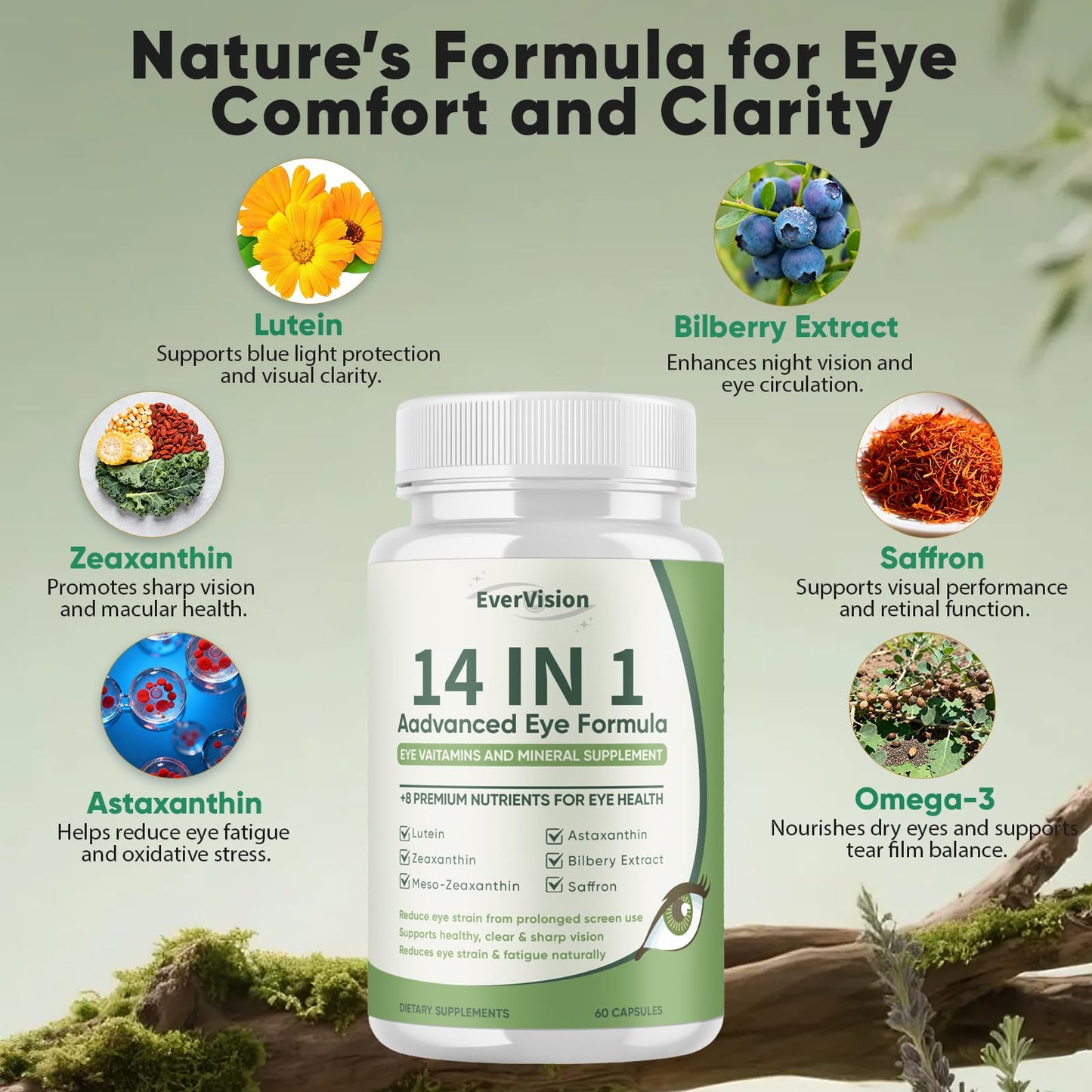 Wuliao Evervision 14 in 1 Advanced Eye Formula, Neurobella Eye Vitamin and Mineral Supplement with Zinc, Lutein, Zeaxanthin & Bilberry Extract, 60 Capsules