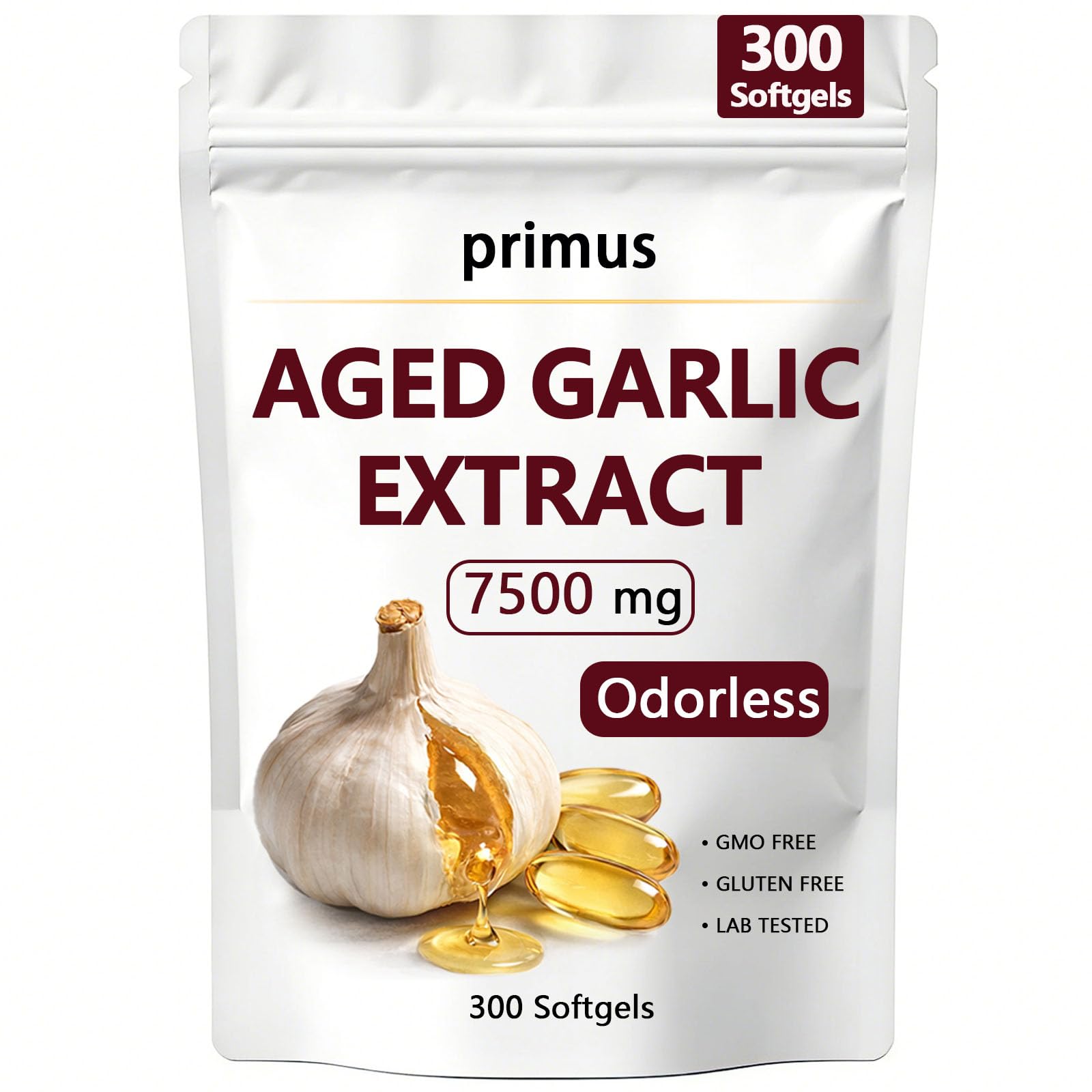Primus Aged Garlic Odorless Garlic Supplement Capsules, 300 Count