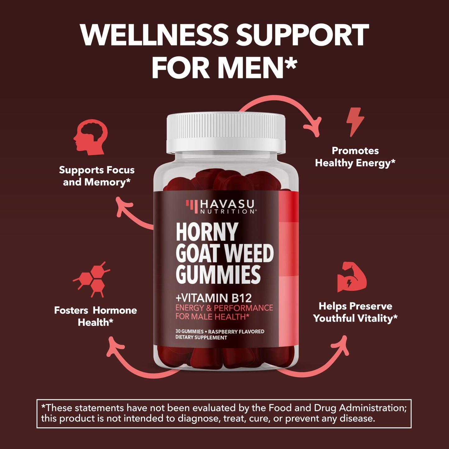 HAVASU NUTRITION Horny Goat Weed Gummies with Vitamin B12, Raspberry Flavor, 30 Count