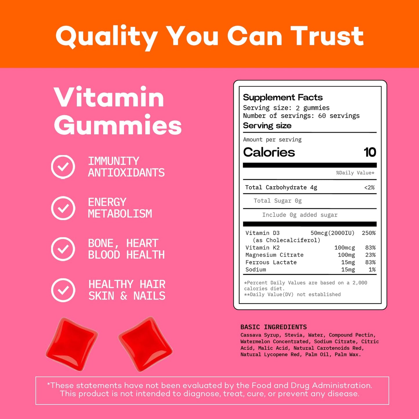 AIDO VITA Premium Vitamin D3 + K2 Gummies with Iron & Magnesium - Sour Watermelon Flavor - Immune, Bone & Heart Support - Vegan, Pectin-Based, Gluten-Free 120 Gummies