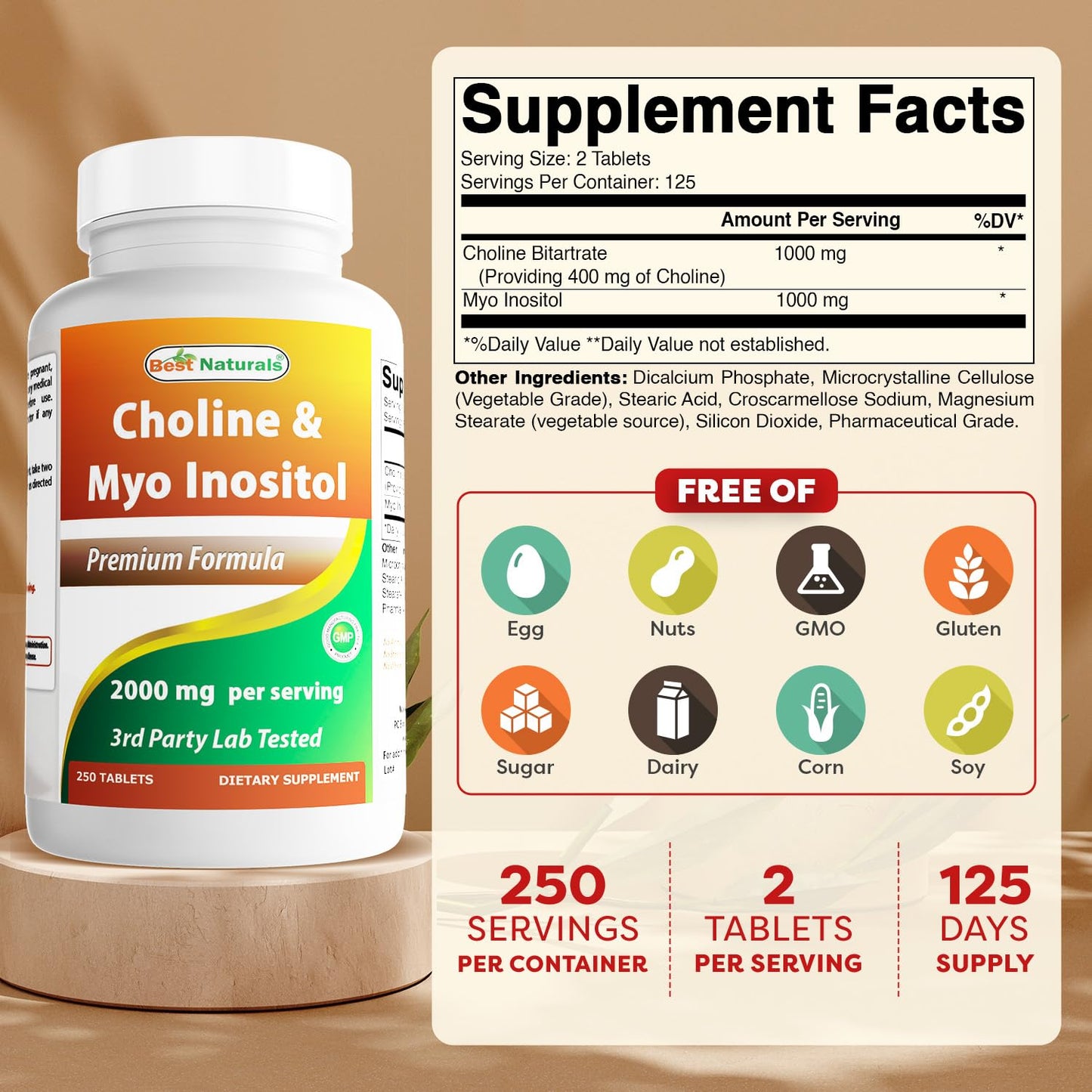 Best Naturals Choline Inositol (Myo Inositol) 2000 mg Per Serving 250 Tablets