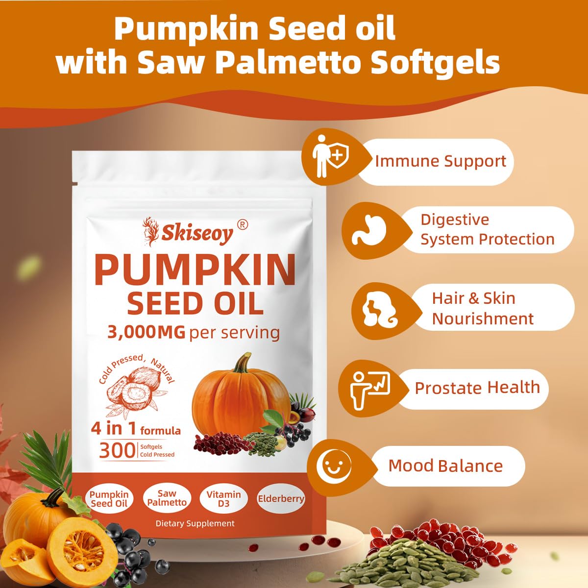 Skiseoy Pumpkin Seed Oil with Saw Palmetto Softgels, 300