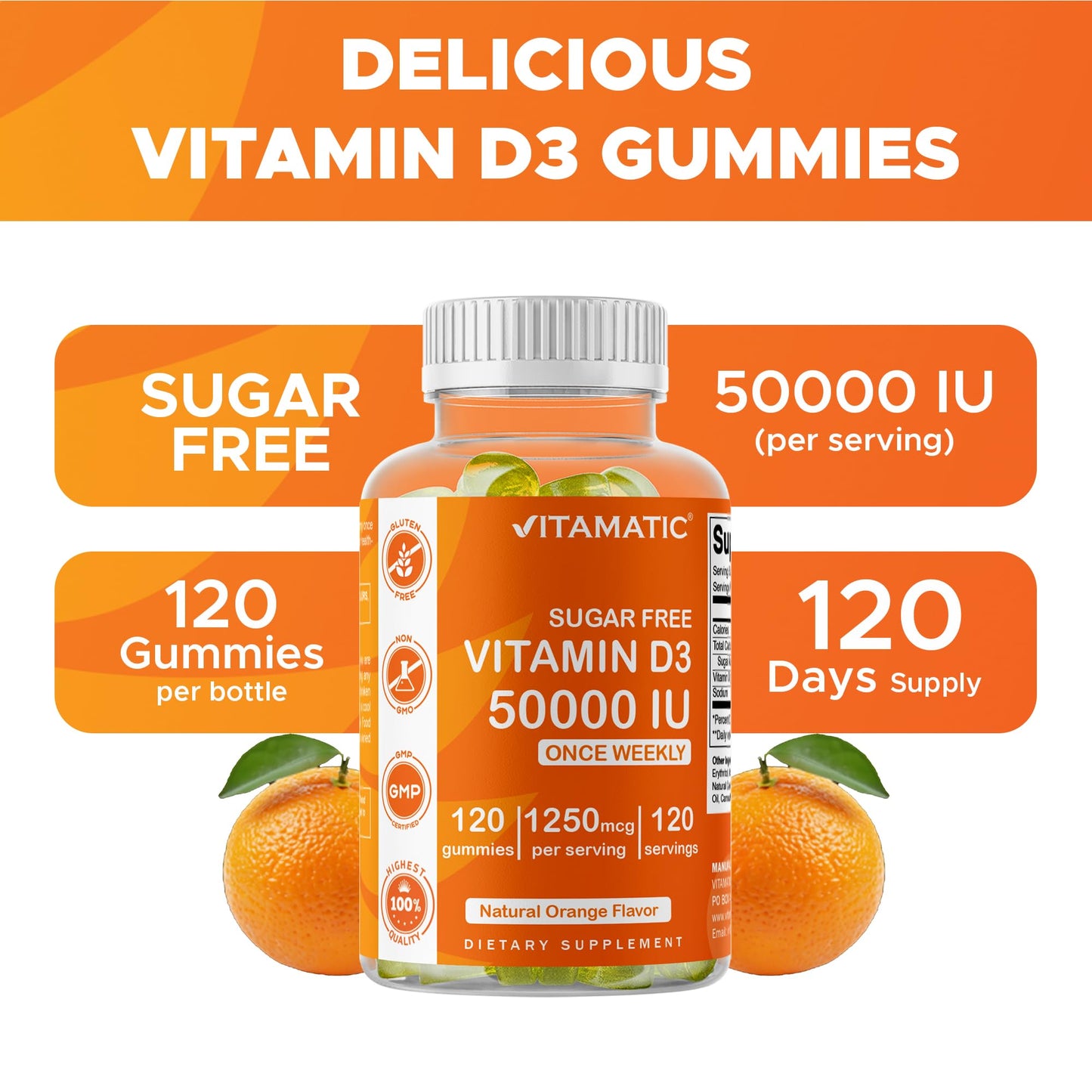 Vitamatic Sugar Free Vitamin D3 50,000 IU Weekly Gummies, 240 Gummies