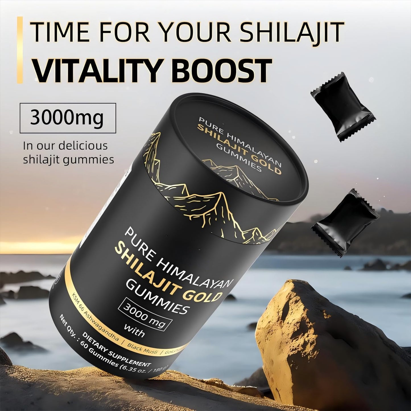HWAXIGO Himalayan Shilajit Gummies Gold 3000mg for Men & Women - Organic & Natural with 85+ Essential Minerals & Fulvic Acid, 60 Gummies